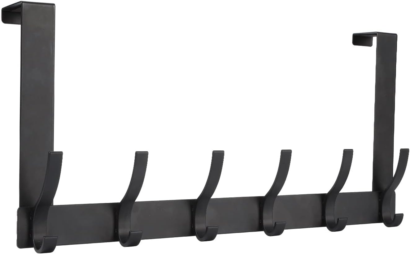 Optish Over The Door Hooks, Door Hanger Hooks for Hanging, Towel Racks for Bathroom with 12 Coat Hook, Coat Rack College Dorm Essentials Bathroom Accessories（1 Pack, Black）