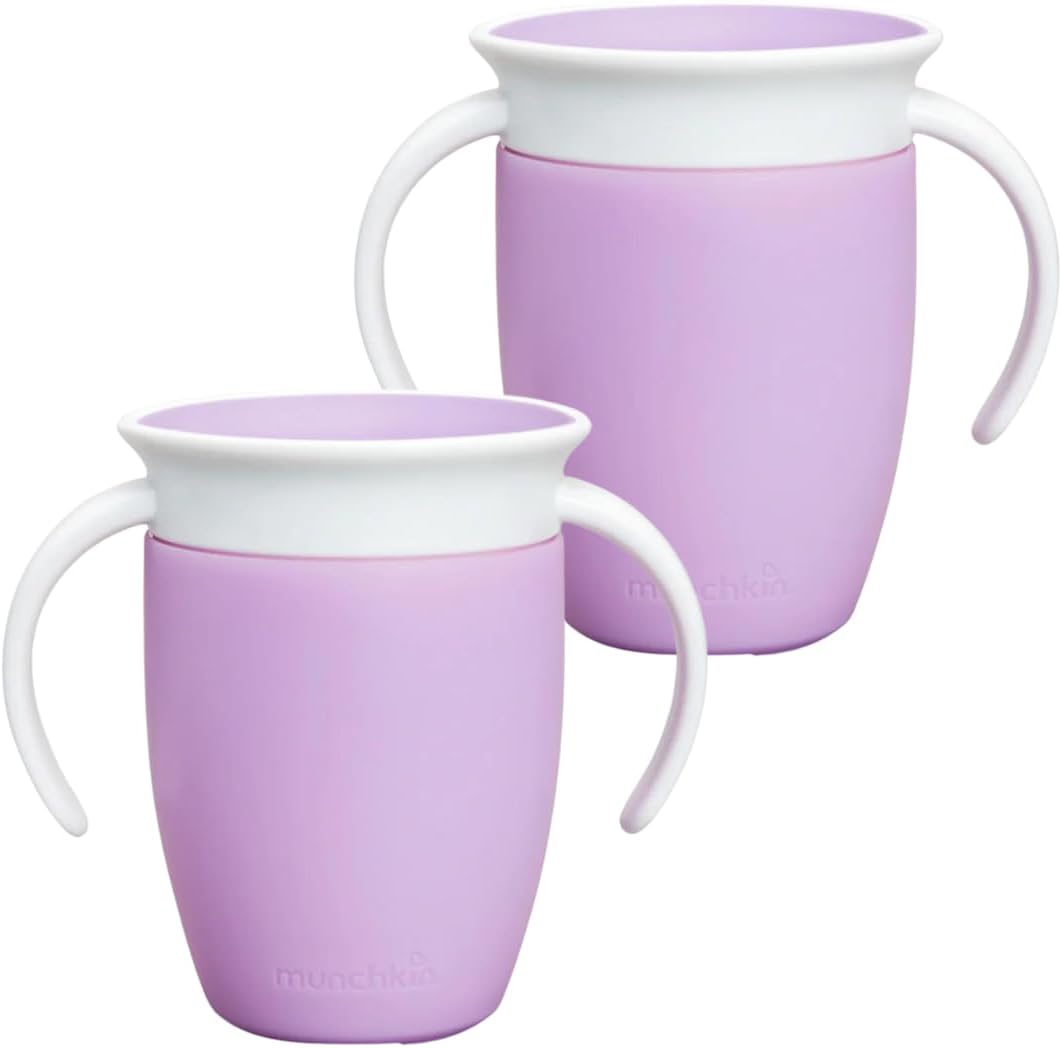Munchkin Miracle 360 Cups for Toddlers sippy cups, toddler cups spill proof with Dentist Recommended Spoutless Design, BPA-Free Kids Cups, Easy to Clean, 7oz, 6 Months (Lilac, 2 Count)