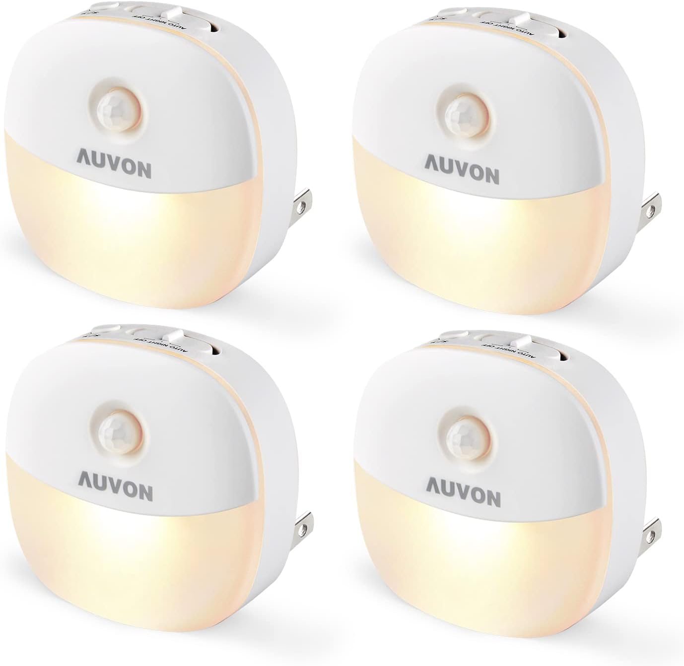 AUVON Plug-in Night Light, Motion Sensor and Dusk to Dawn Sensor, 4 Packs | Mini Warm White LED Nightlight with 1-50 lm Adjustable Brightness for Bedroom, Bathroom, Hallway, Kitchen, Garage, Baby Care