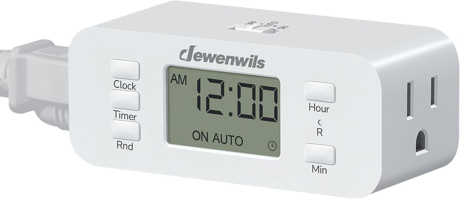 DEWENWILS 24 Hour Programmable Digital Timer Outlet with 2 Grounded Outlets | 3 ON/Off Settings, 3 Prong, 125V/15A Resistive/1000W Tungsten, Light Timers for Lamp, Fan, Aquarium, Decoration, Reptile Tank