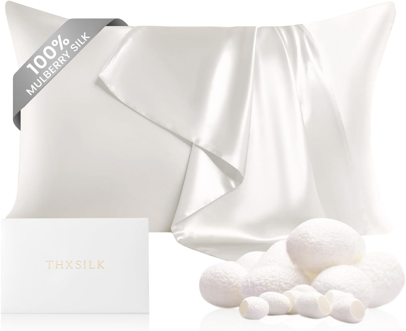 THXSILK 100% Pure Mulberry Silk Pillowcase for Hair and Skin, Highest 6A+ Grade 22 Momme Silk Pillow Case Standard Size, Real Silk Pillowcase with Zipper, Anti Aging Acne Free (White, Standard)