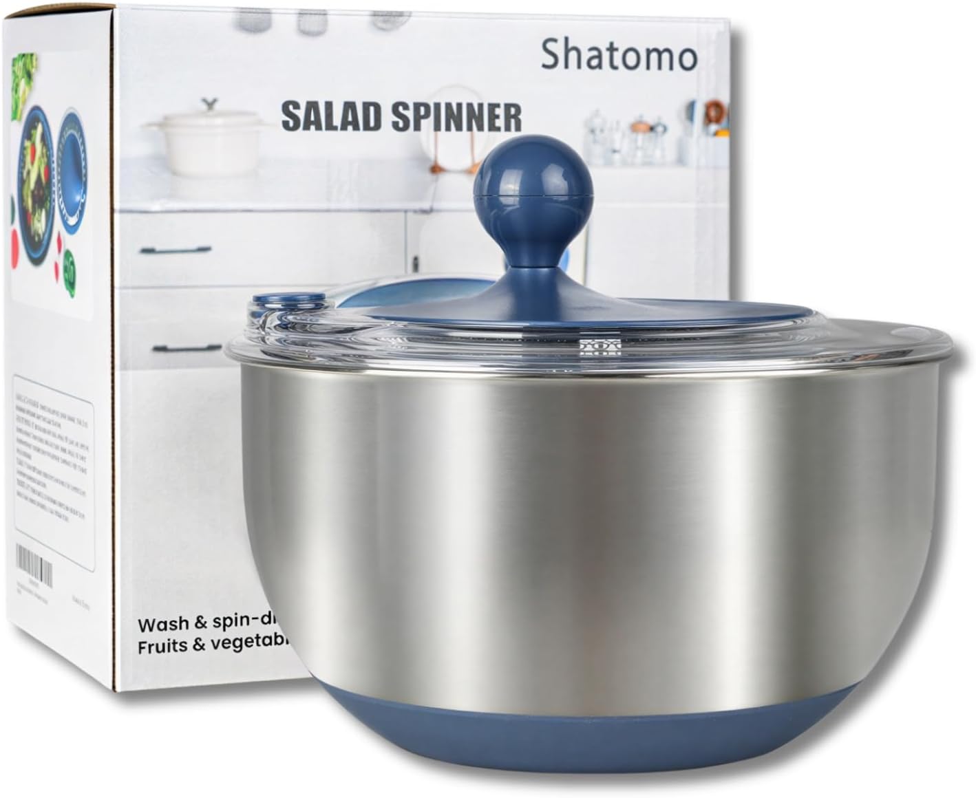Stainless Steel Salad Spinner, 5.3 Qt Lettuce Spinner with Non-Slip Base, Drain and Stop Button, Fruit and Vegetable Washer and Dryer Spinner, Blue