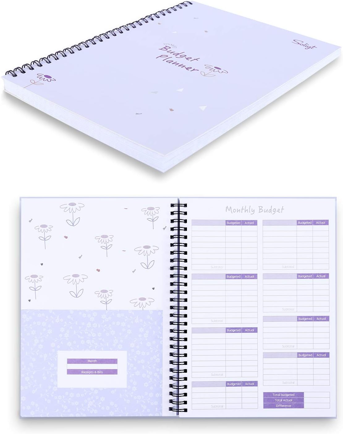 SOLIGT Budget Planner Monthly Bill Organizer Book (Undated) with 12 Pockets | Budget Book for Income, Debt, Expense, Saving and Bill Tracker Financial Notebook, Purple, Spiral Design,9″x6″ Small Size