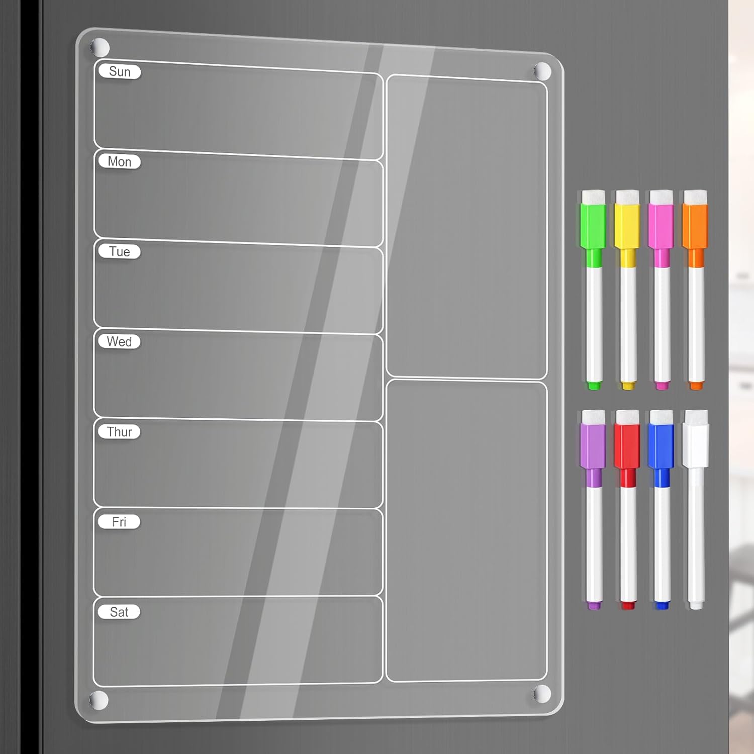 Acrylic Meal Planner Weekly Calendar Menu Board for Kitchen, w/ 8 Markers | Clear Weekly Fridge Calendar Planning Note Board Dry Erase to Do/Grocery/Shopping List/Chore Chart, 12.8×9’’
