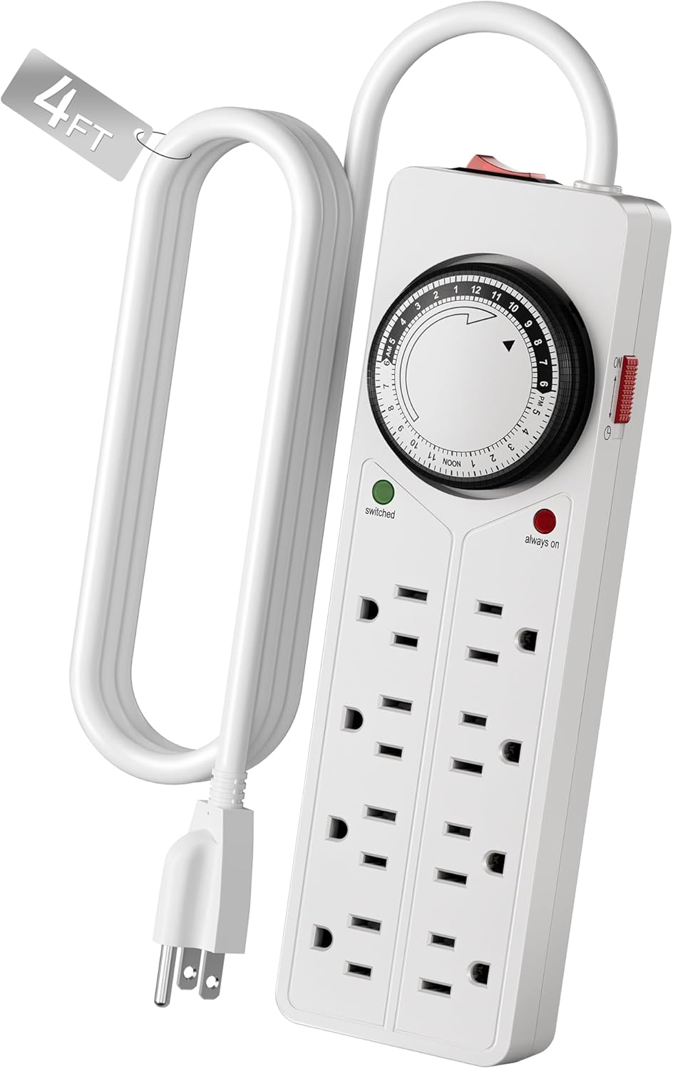 BN-LINK 8 Outlet Surge Protector with Mechanical Timer, 4FT Cord, 1875W/10A | 4 Timed & 4 Always-On Outlets, Daily Repeat, Indoor Light Timer for Aquarium, Grow Lights, Christmas Decoration, ETL Listed