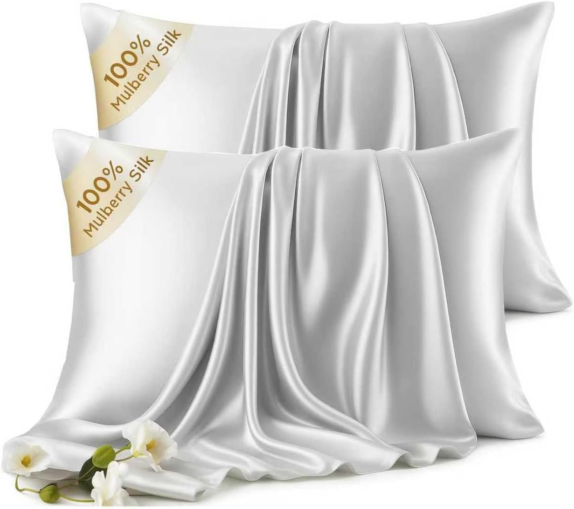 100% Mulberry Silk Pillow Cases 2 Pack for Hair & Skin, 6A Grade Hypoallergenic Pillowcases with Hidden Zipper, Anti-Aging Anti-Frizz, Machine Washable, King Sizes, Luxury Gift(Grey,King)