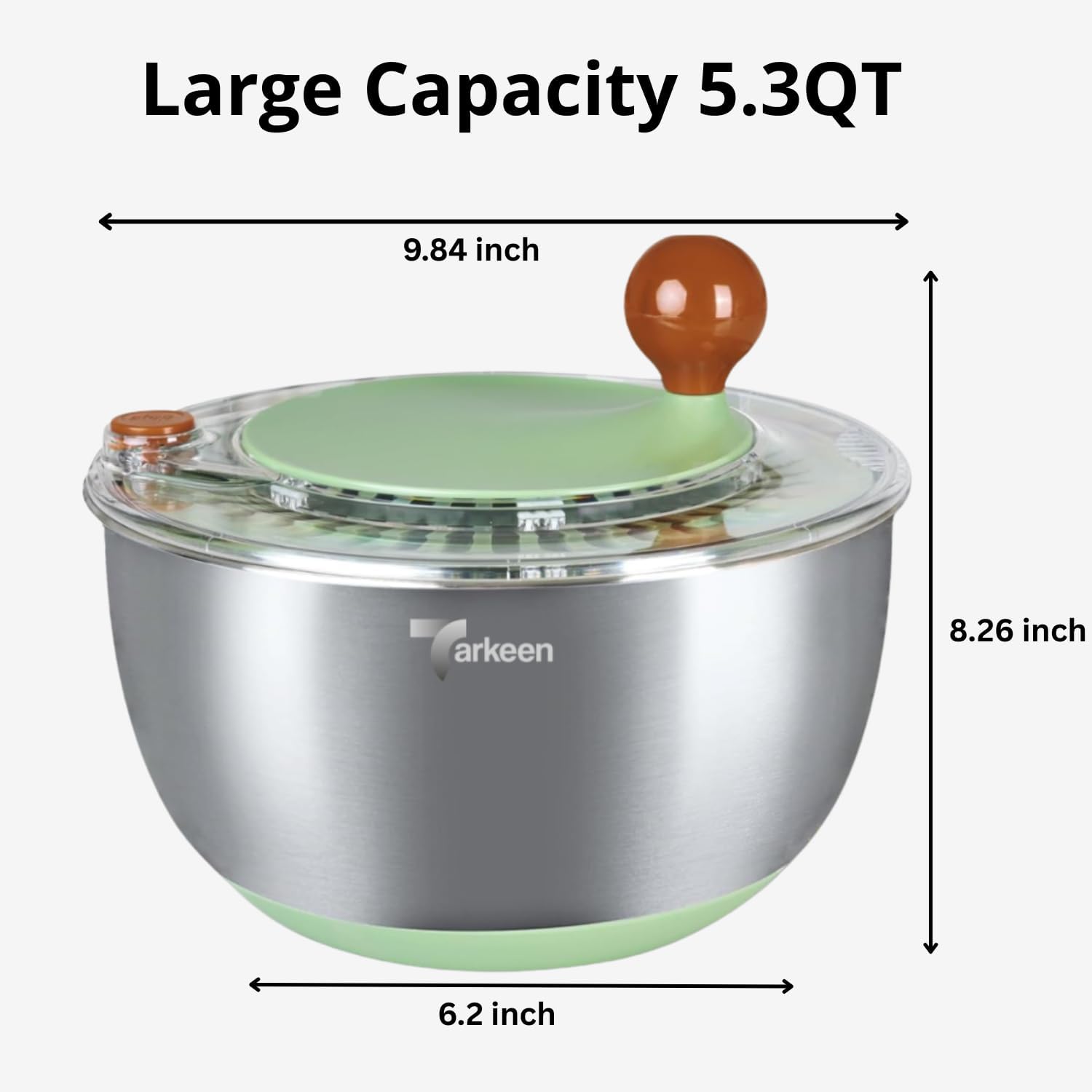 Stainless Steel Salad Spinner with Storage Lid, 5.3Qt, BPA-Free | 5-in-1 lettuce spinner with non-slip base, dishwasher safe, 5 interchangeable slicer blades, egg yolk separator, Stop Button