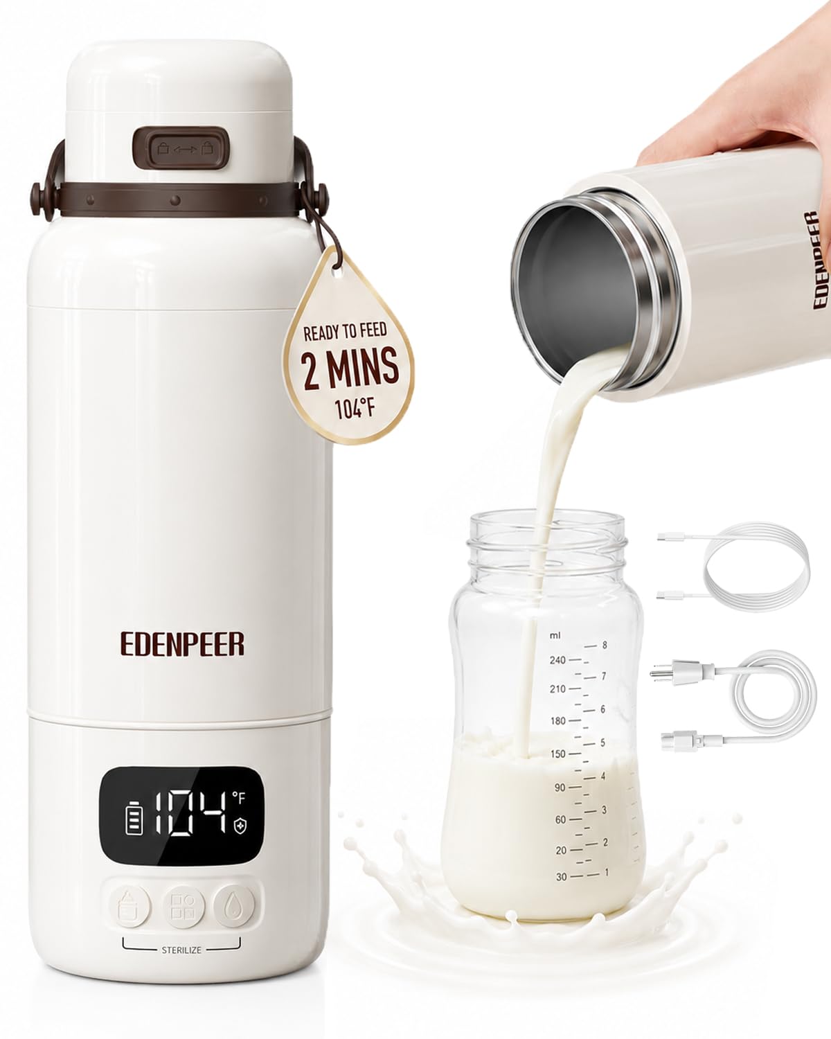 Portable Bottle Warmer for Travel | Cordless Battery & AC Powered Dual Heating | Fast Baby Milk Warmer for Breastmilk, Formula & Water | 3″ Wide Mouth Easy Cleaning | 17oz Large Capacity