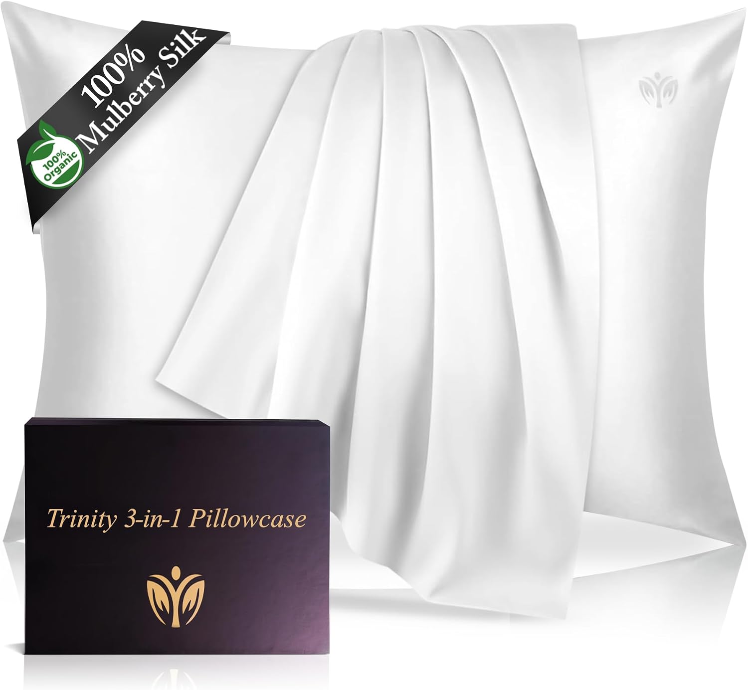 Trinity 3-in-1 Mulberry Silk Pillowcase, Luxury 25 Momme Pillow Cover, Sustainable, Cooling Comfort for Hair & Skin – Flip for Your Sleep Option (20″x26″, Natural White, 1 pc)