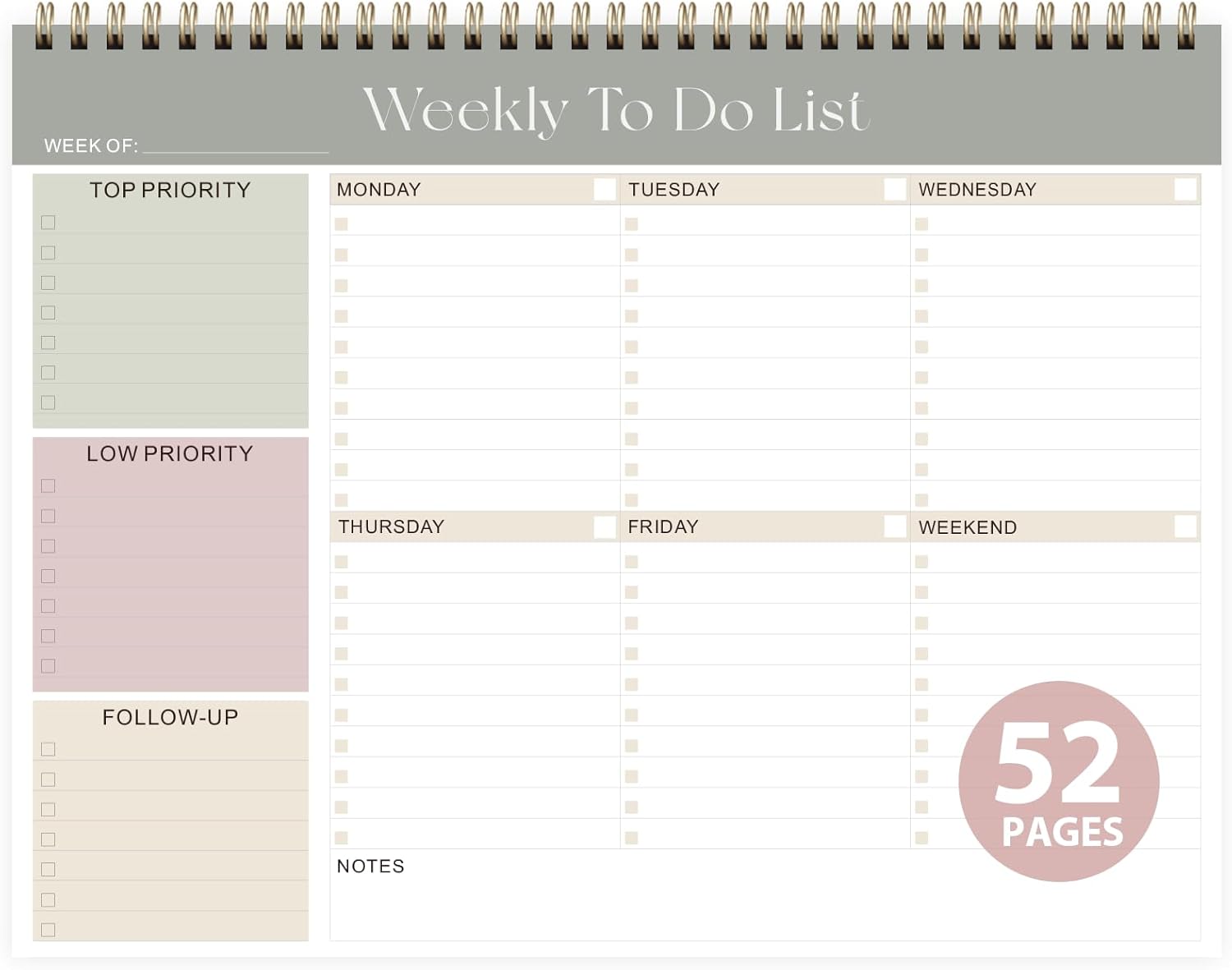 Weekly To Do List Notepad, Undated Planner with 52 Sheets (8.5”x11”) | Desk Accessories and Supplies, Women & Man, Home School & Work