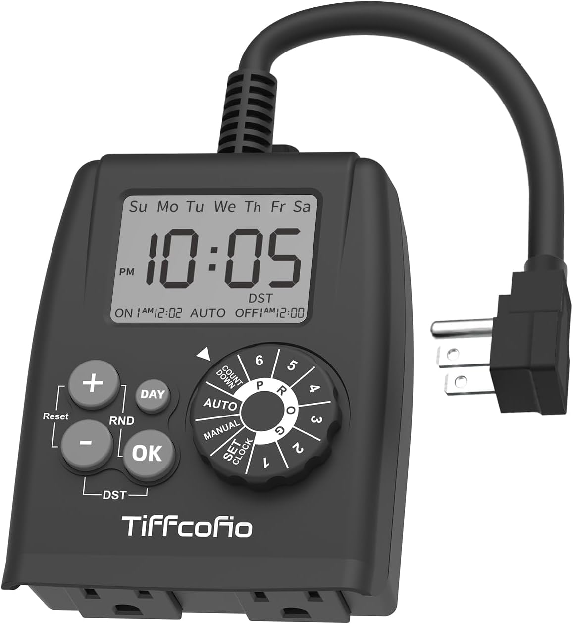 Digital Outdoor Timer Outlet, Dial Programmable Method, Outdoor Light Timer Waterproof, 2 Grounded Electrical Outlets for Pool Pump, 6 Sets of Programs, 15A/1875W (1 Pack)