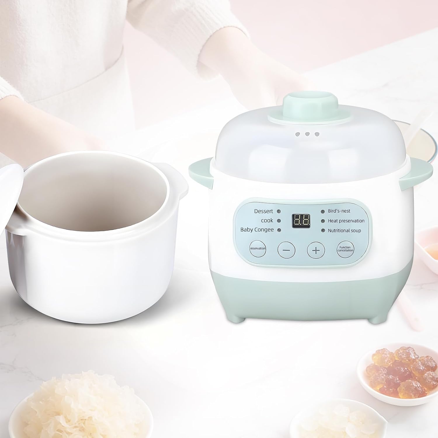 Green 1L Mini Slow Cooker with Steamer Basket, 200W Smart Ceramic Electric Stew Pot, 24-Hour Timer & Auto Keep-Warm, Dry-Burn Protection, Kitchen Cooking Appliance