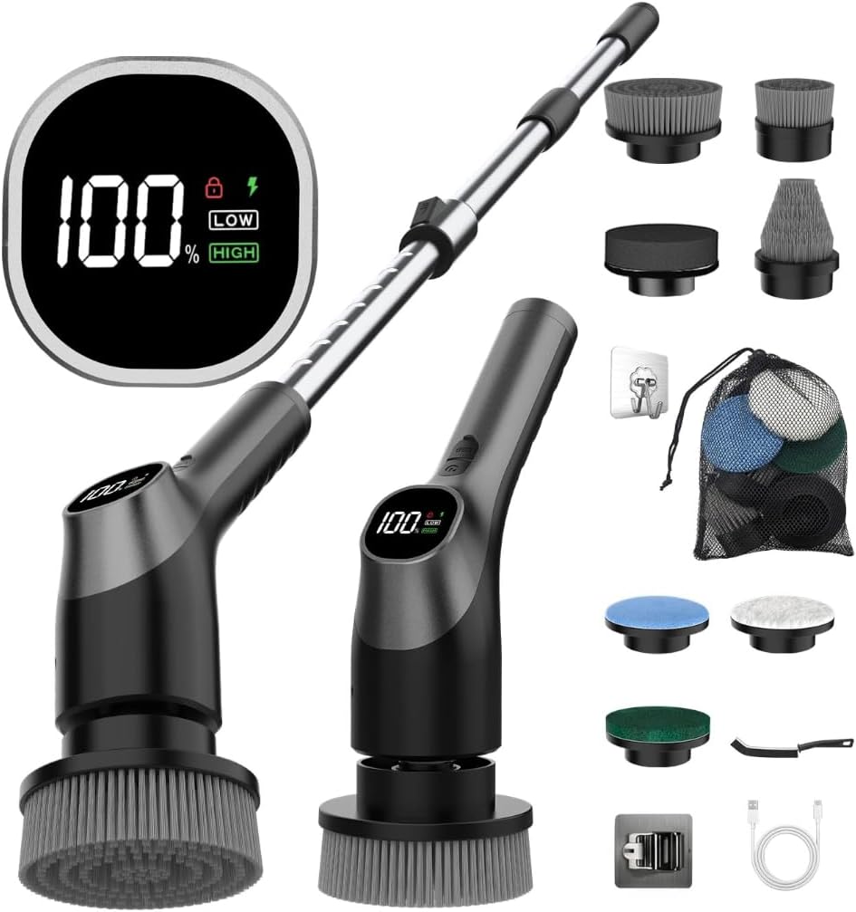 WKY-Electric Spin Scrubber – 10-in-1 Cordless Shower Scrubber & Cleaning Brush with Extendable Handle, 42 in-lbs Ultra High Torque, 2 Speeds, IPX7, LED Display, Smart AI Chip, for Bathroom, Kitchen