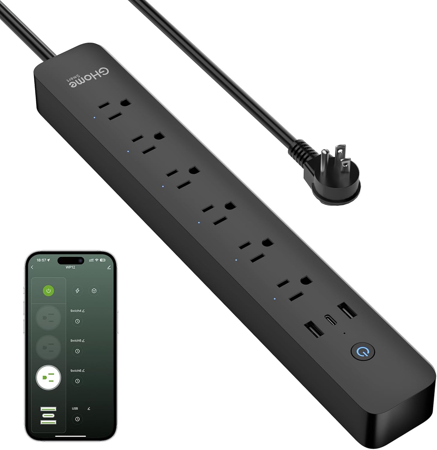 GHome Smart Power Strip 15A, 2.4G WiFi Smart Plugs that Work with Alexa & Google Home, Flat Plug with 6 APP Control WiFi Outlets, FCC Listed, 7.18 Ft Flat Extension Cord, No Hub Needed