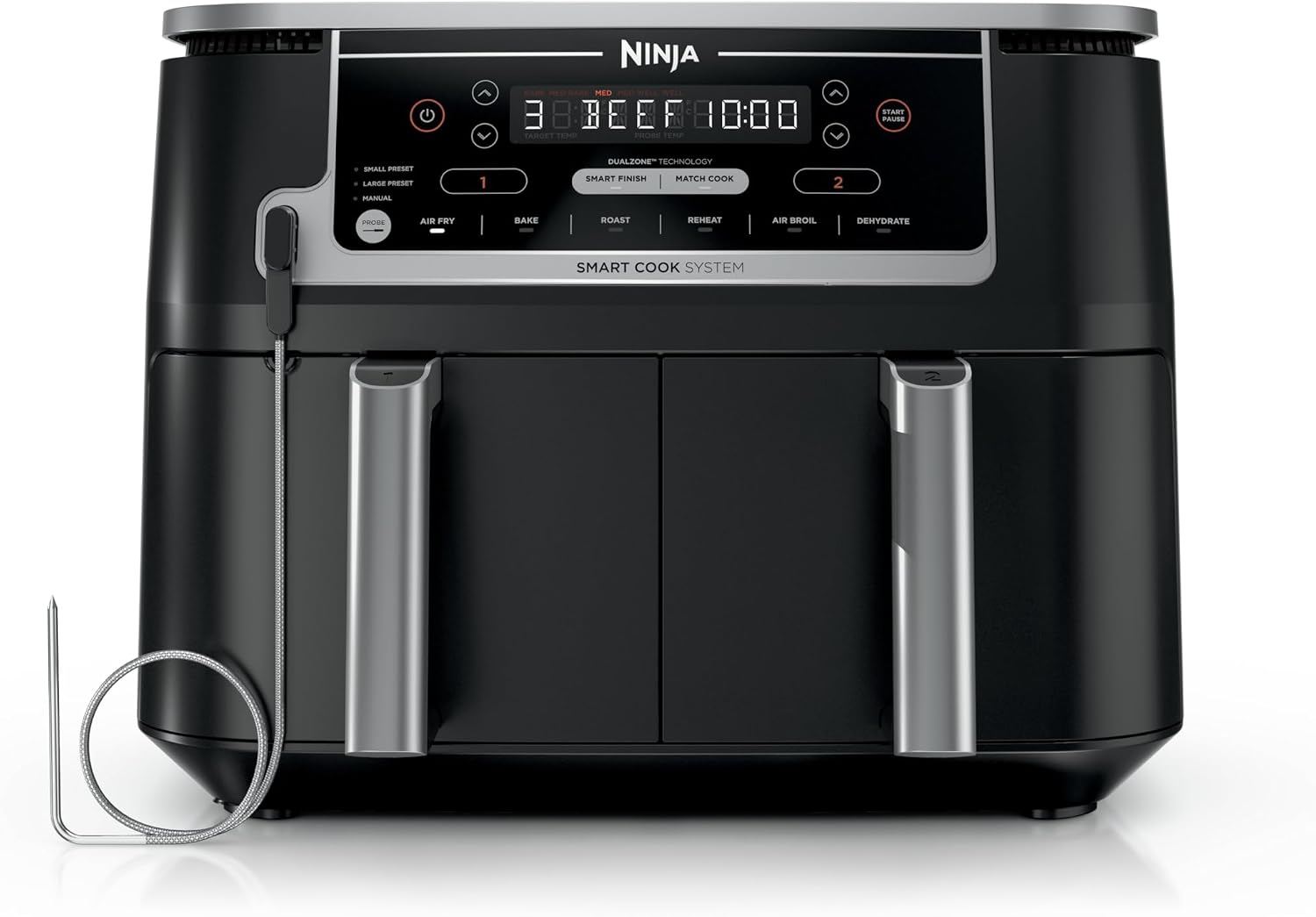 Ninja DZ550 Foodi 10 Quart 6-in-1 DualZone Smart XL Air Fryer with 2 Independent Baskets, Cook Thermometer for Perfect Doneness, Match and Finish to Roast, Dehydrate and More, Black | Air fry, roast, broil, bake, reheat, dehydrate, Smart Cook thermometer, Match Cook, Smart Finish