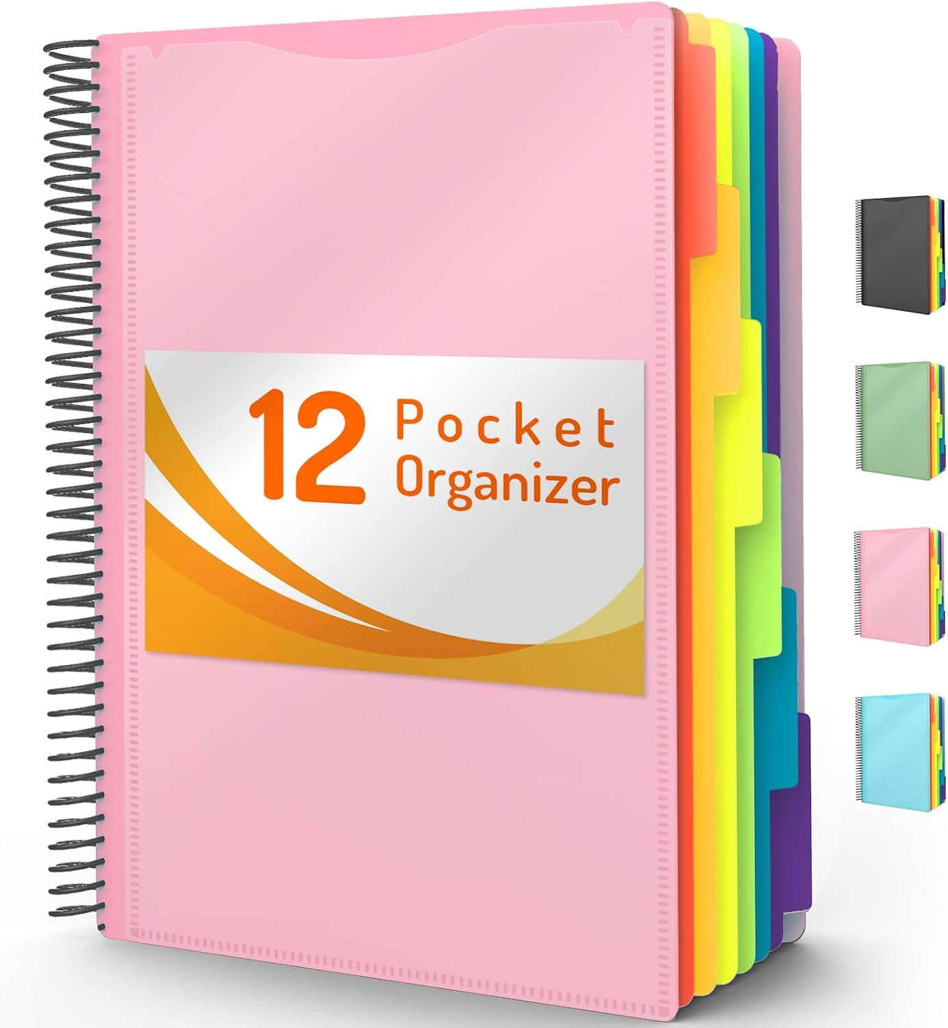 Forvencer 12 Pocket Project Organizer, 1/6-cut Tab Binder Organizer with Sticky Labels, Multi Pocket Folder with Zipper Pouch, Folder Binder Spiral Pocket Notebook, Office Supplies, Letter Size, Pink