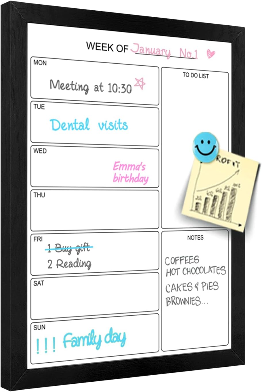 Weekly Dry Erase Whiteboard Calendar, 15.7″x11.8″ Magnetic Surface Memo Board, Minimal Design Weekly Planner for Wall, Black Wood Frame Dry Erase Board for Office School Home(ZLBB-S-BK-2636)