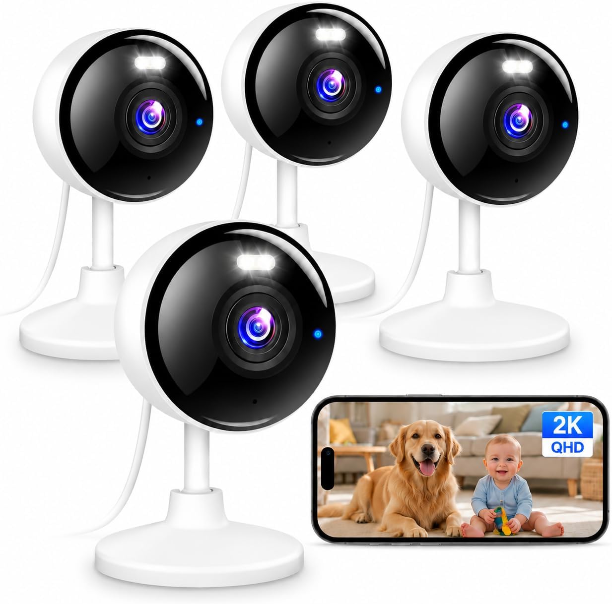 2K Security Cameras 4 Pack, Home Cameras Indoor/Outdoor for Baby/Pet | 5G & 2.4G WiFi Camera for Dog/Cat/Nanny Monitoring, 2-Way Audio, Color Night Vision, 24/7 Local Recording, Works with Alexa