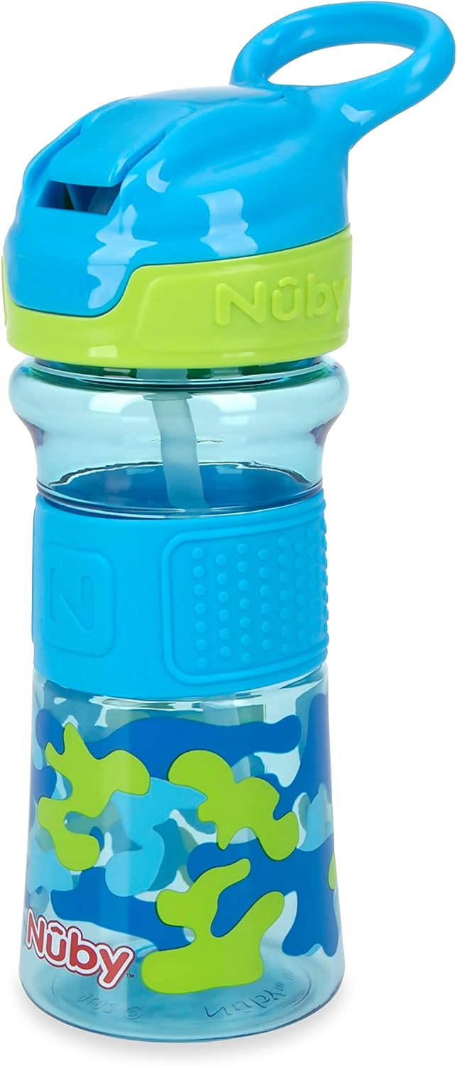 Nuby Thirsty Kids Flip-It No-Spill Toddler Sippy Cup with Soft Spout – 12 oz – 18+ Months – Aqua Camo – Back to School Essentials
