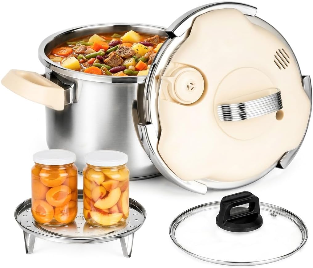 Pressure Cooker Stainless Steel Pressure Canner, 6 Quart Olla de Presion | 3-In-1 Stovetop Pressure Pot with Glass Lid & Steamer, One-Hand Locking, Induction & Gas Compatible Steam Canner