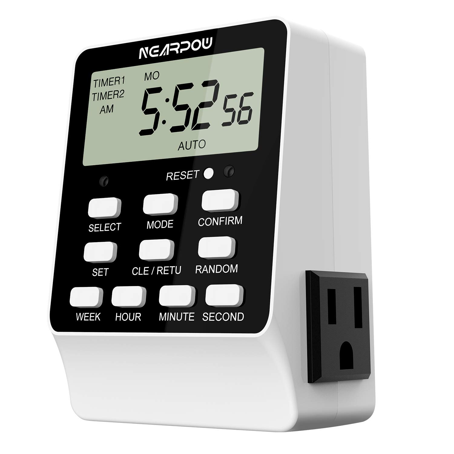 Outlet Timer, NEARPOW Dual Digital Light Timer with 2 Independently-controlled Outlets, 18 ON/OFF Programs, 24-Hour and 7-Day Programmable,Indoor Heavy Duty Electrical Timer Switch, 3 Prong, 15A/1800W | 18 ON/OFF Programs, 24-Hour Weekly Heavy Duty 15A/1800W Indoor Plug-in Timer Switch for Electrical Outlet, 3 Prong