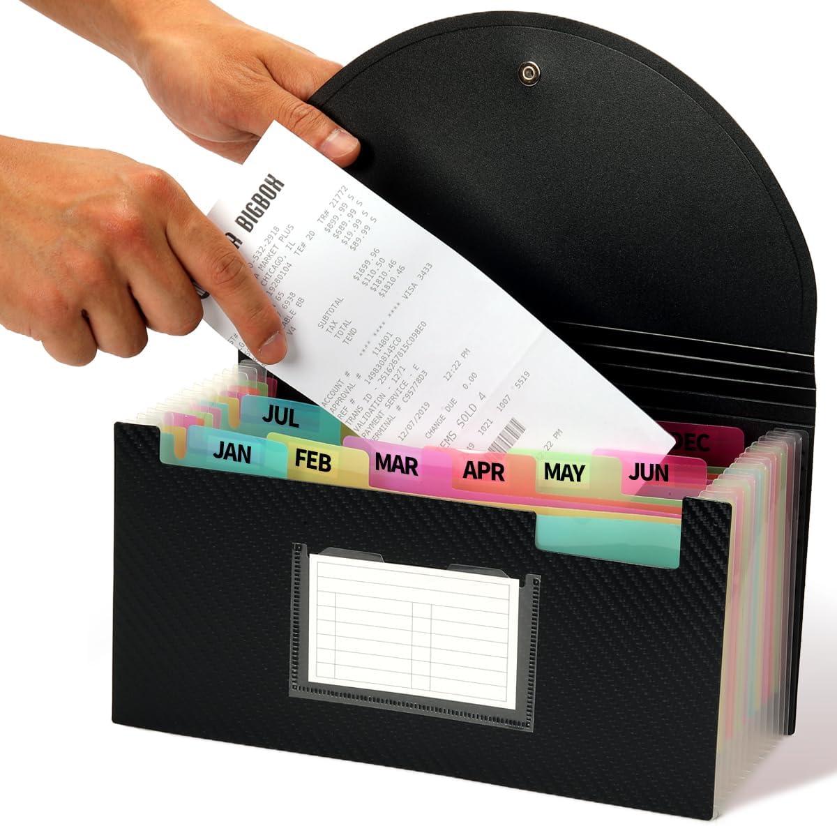 H4D Check Size 13 Pocket Expanding File Folder, 10 x 5.5 Inch, Black | Polypropylene Plastic, Elastic Button Loop, 6″ Expansion, A-Z, Monthly and Blank Tab Labels, Colored Pockets