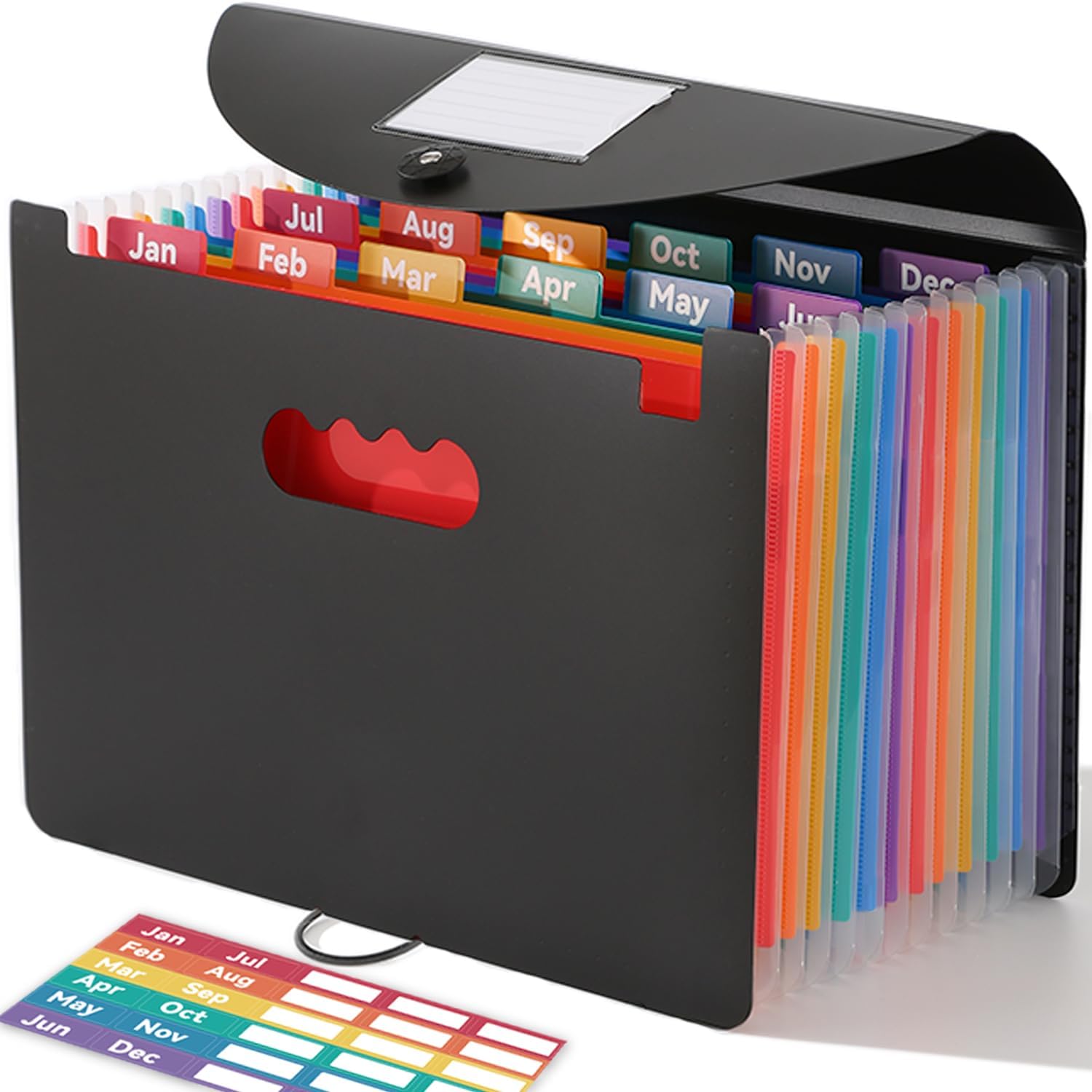 SortRax Accordion File Organizer 12 Pockets, Monthly Bill Receipt Tax Organizer, Expanding File Folders with Larger Bright Tabs, Fits Letter/A4 Size – Black