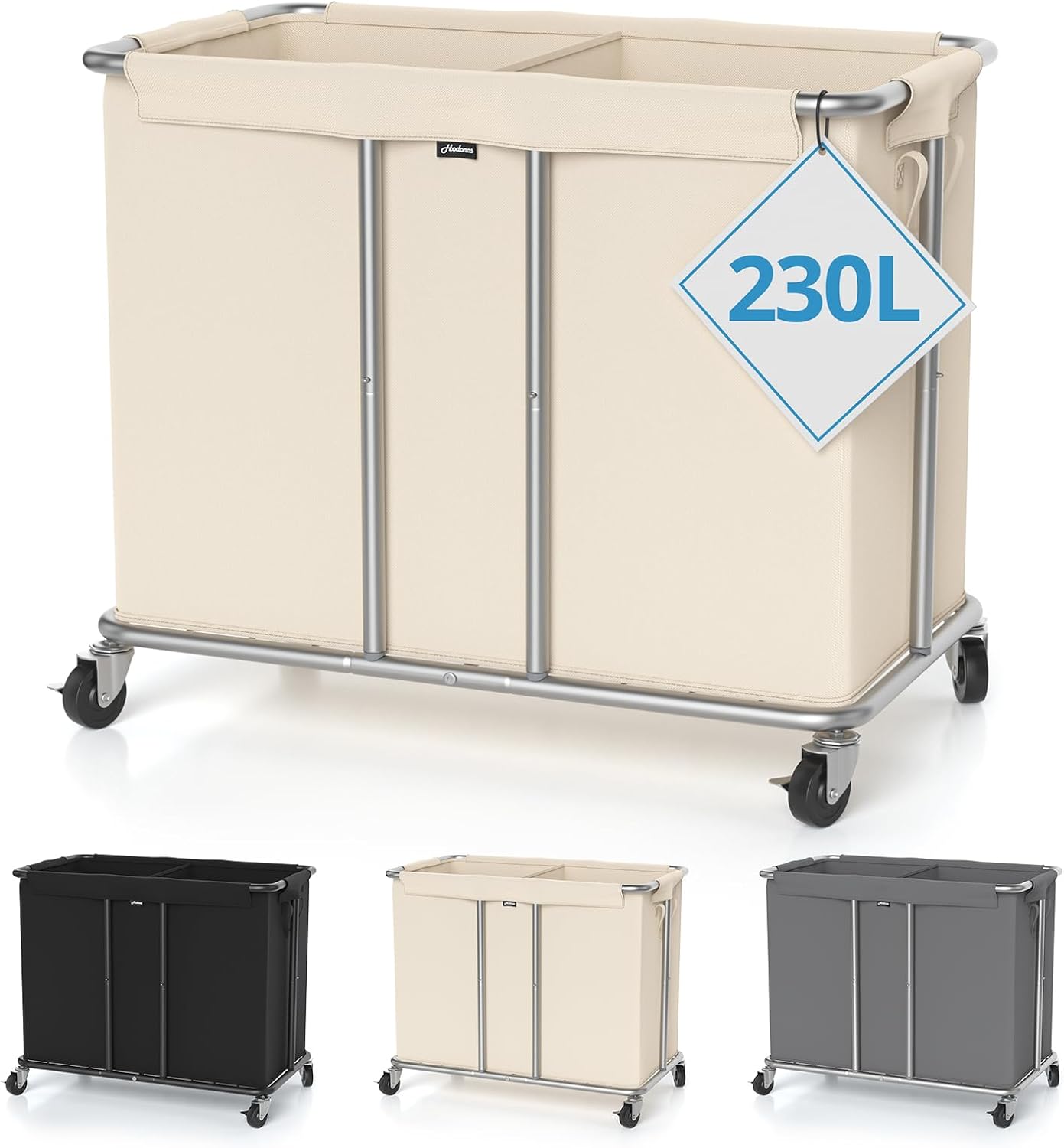 Hodonas Rolling Laundry Hamper 2-Section, Beige, 31.5″Lx15.75W”x30.7″H | 230L(61Gal) Storage Capacity, with Metal Structure, Removable Liner, and Silent Casters, Sturdy Clothes Hamper for Home