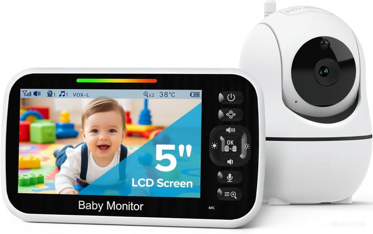 GoodBaby 5″ Baby Monitor with Camera and Audio | No WiFi Secure FHSS, 30-Hour Battery, Remote PTZ, Auto Night Vision, Room Temperature, Two-Way Audio，Lullabies，1000ft Range