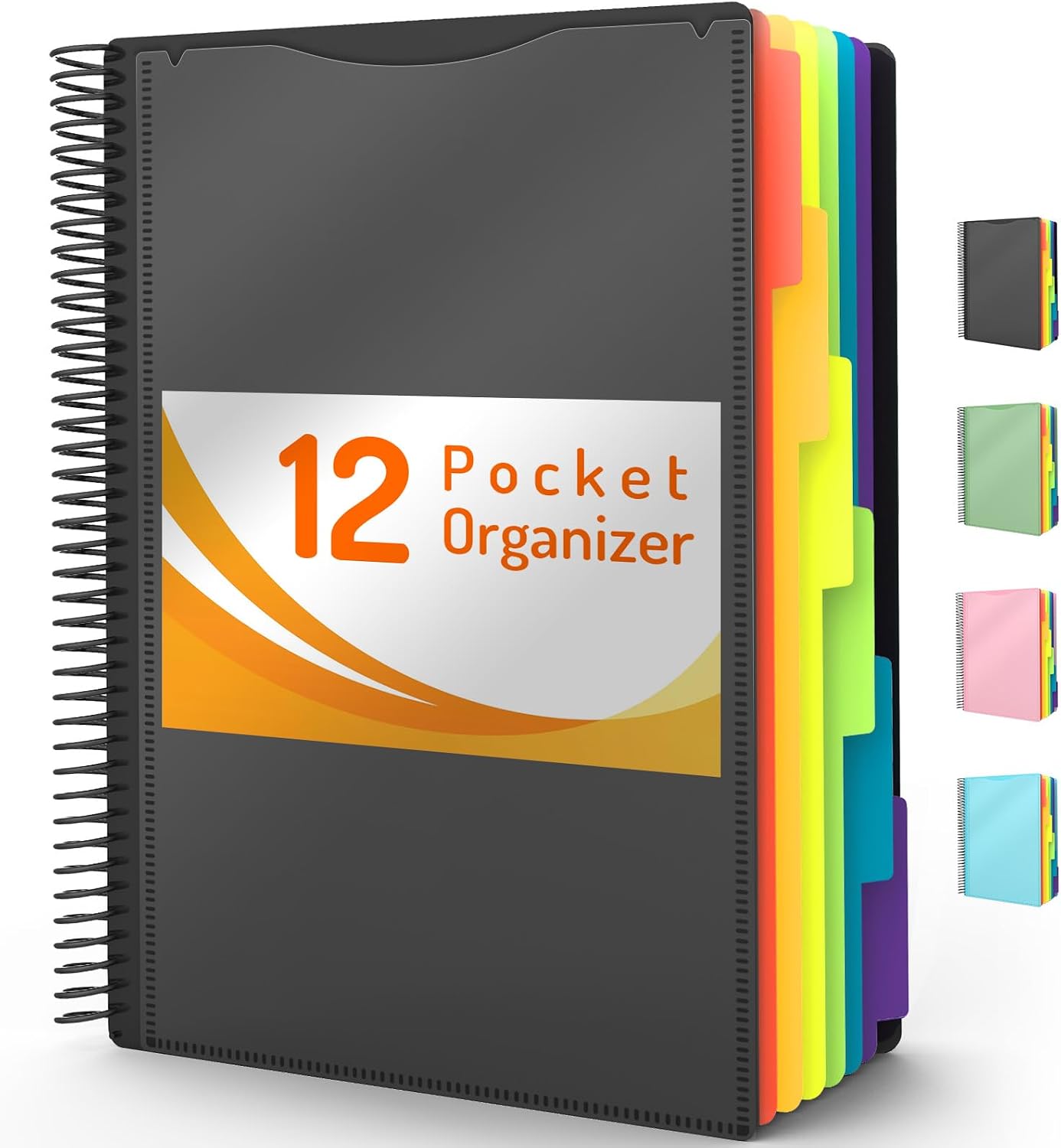 Forvencer 12 Pocket Project Organizer, 1/6-cut Tab Binder Organizer with Sticky Labels, Multi Pocket Folder with Zipper Pouch, Folder Binder Spiral Pocket Notebook, Office Supplies, Letter Size, Black