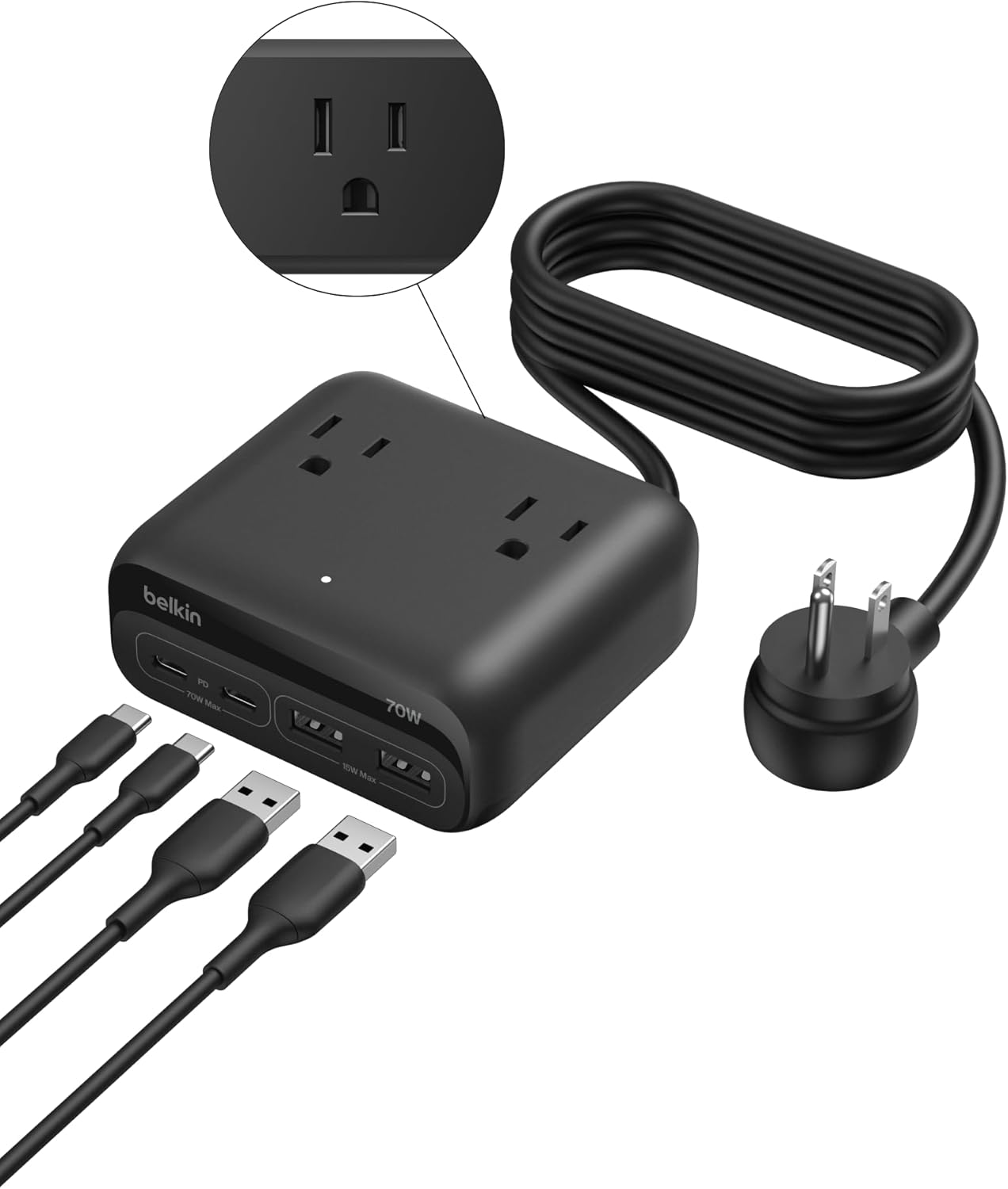 Belkin 70W GaN 7 in 1 Charging Station, 3X AC, 2X USB A, & 2X USB C Ports | Power strip, dual USB-C charger, iPhone 17/16/15, Apple Watch, iPad, MacBook, Samsung Galaxy S26, Pixel 10