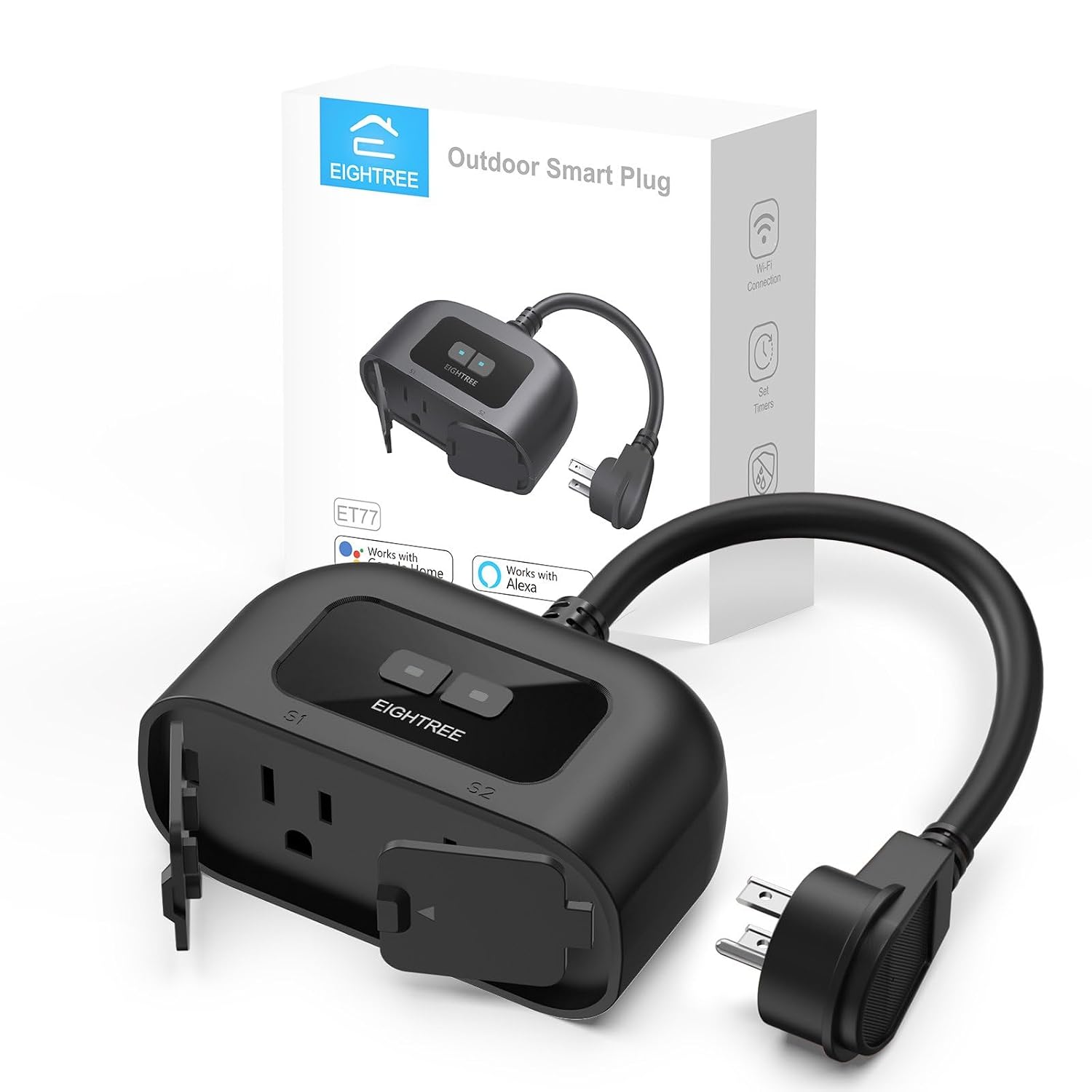 EIGHTREE Outdoor Smart Plug Waterproof, Smart Outlet Plug with 2 Independently Controlled Outlets, Compatible with Alexa and Google Assistant, Voice & Remote Control, Timer&Schedule, 2.4GHz Only