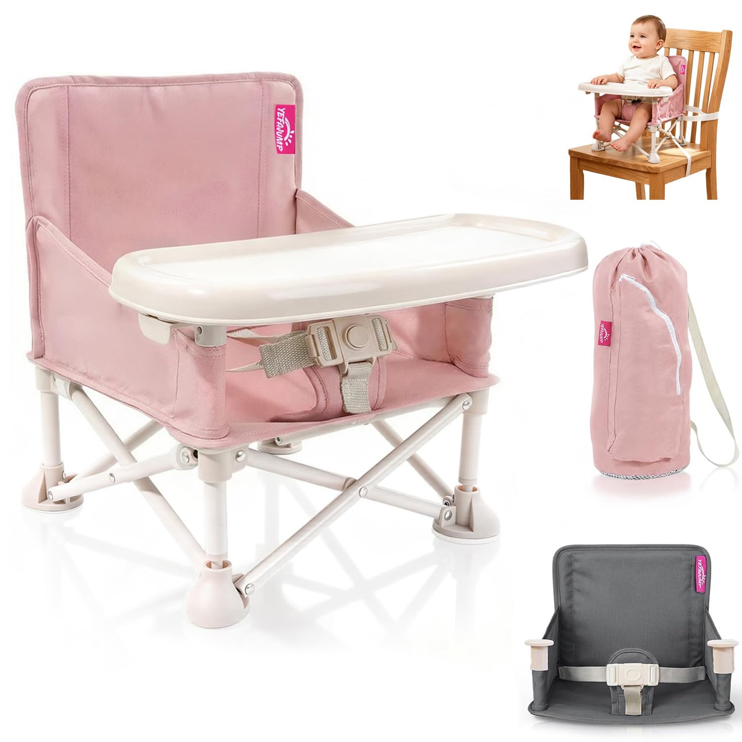 Portable Baby Chair, Baby Beach Chair with 2-Pack Interchangeable Seat Covers, Portable Booster Seat with Tray & Travel Bag, Compact Foldable, Easy-Swap Colors, Perfect for Travel