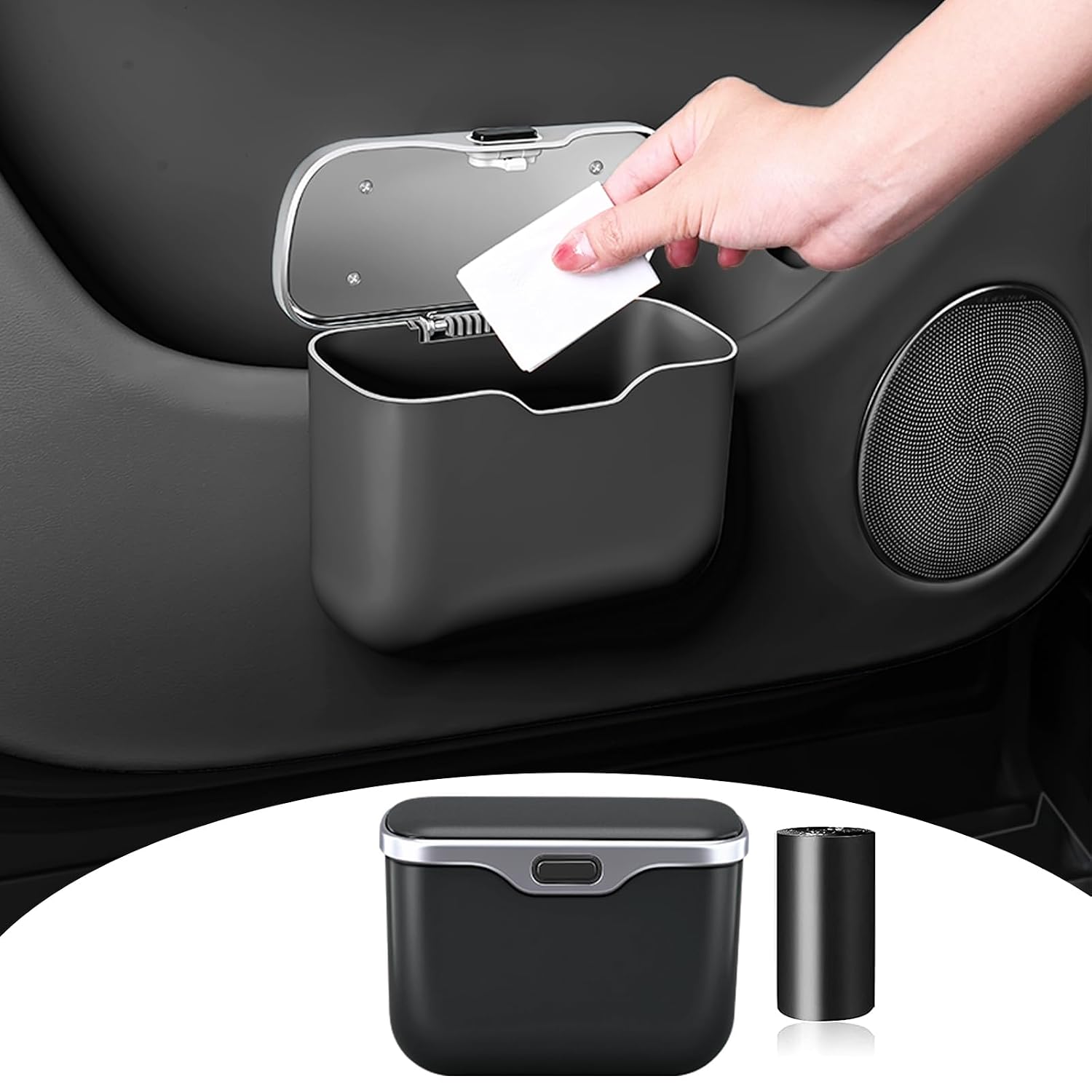 HOLDCY Car Trash Can with Lid, Leakproof Mini Garbage Bin, Black, 1 Pack | Trash Bags Included; Rigid ABS Body, PU Leather Finish, Waterproof Liner, Press Lid; For Door, Console Or Seat Back; 1.8 L