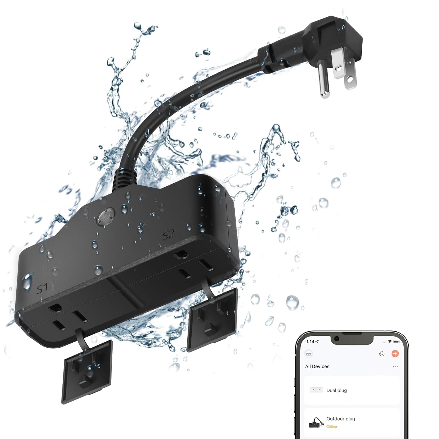 Electric Smart Outdoor Plug, Waterproof Outlet with 2 Sockets, Compatible with Alexa and Google Home, 2.4 GHZ Wi-Fi Only, App Control, Voice Control, Timer, Black | Wireless Remote Control, Timer, Heavy Duty, Smart Home, Black, for String Lights & Motors