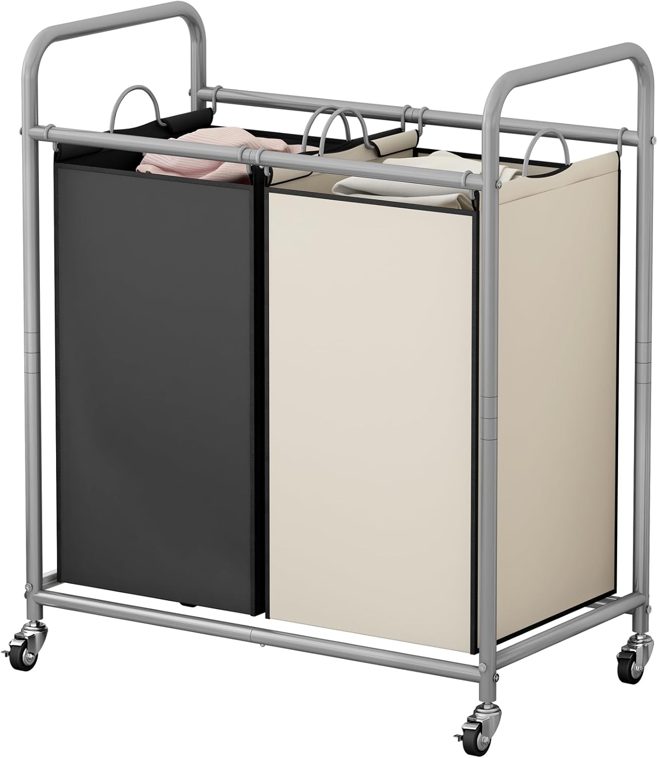 SUOERNUO Laundry Sorter Basket 2 Bag Laundry Hamper Cart with Rolling Lockable Wheels and Removable Bags Laundry Organizer Cart for Clothes Storage, Assorted | Rolling Laundry Basket Laundry Sorter 2 section for Dirty Clothes in Laundry Room or Small Spaces, Assorted