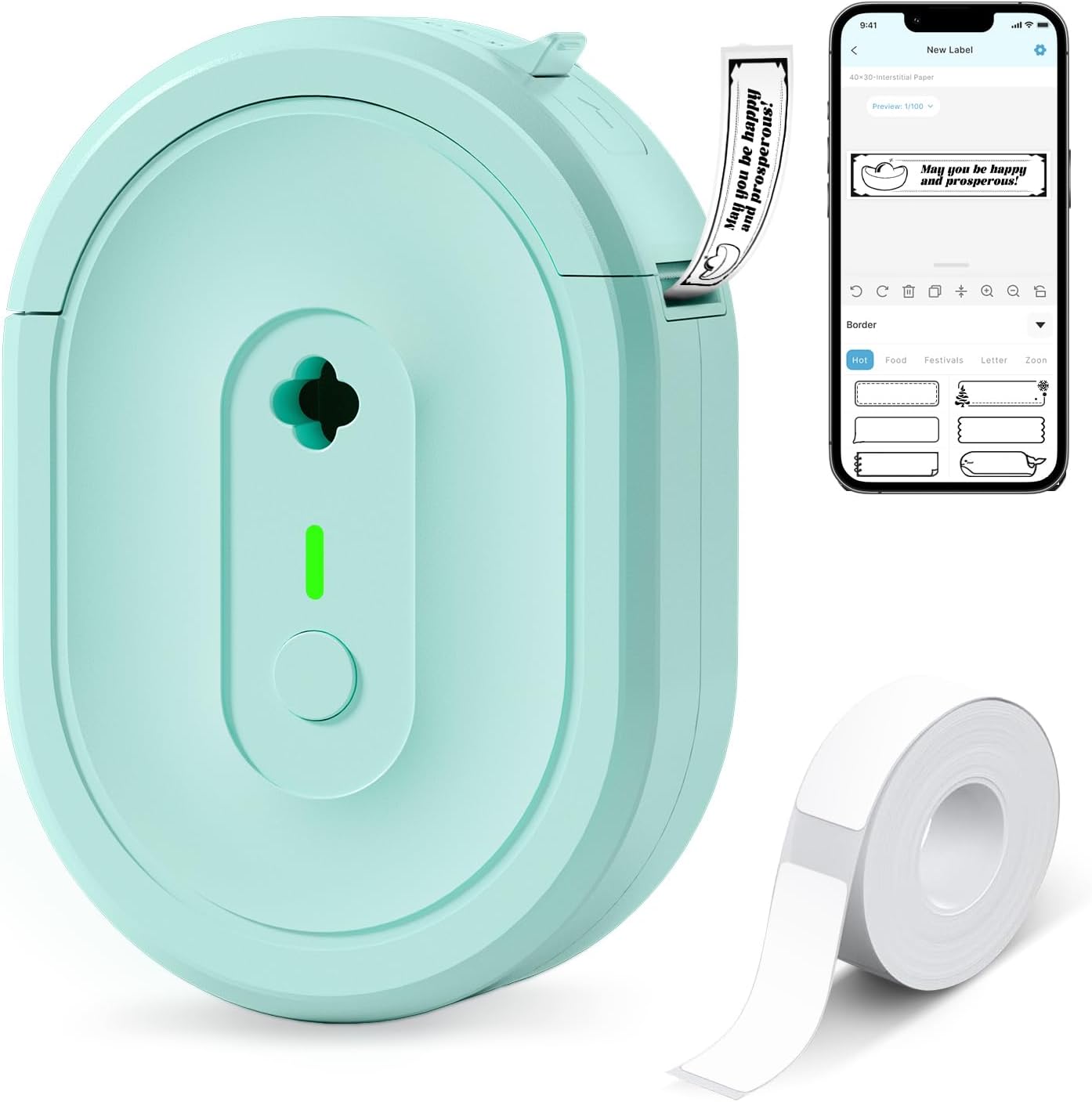 N12 Label Maker Machine with 1 Tape Bluetooth Label Printer, Green | Portable Mini Thermal Sticker Printer with Multiple Templates, Labeling Machine for Home/Kitchen/School/Office Organization