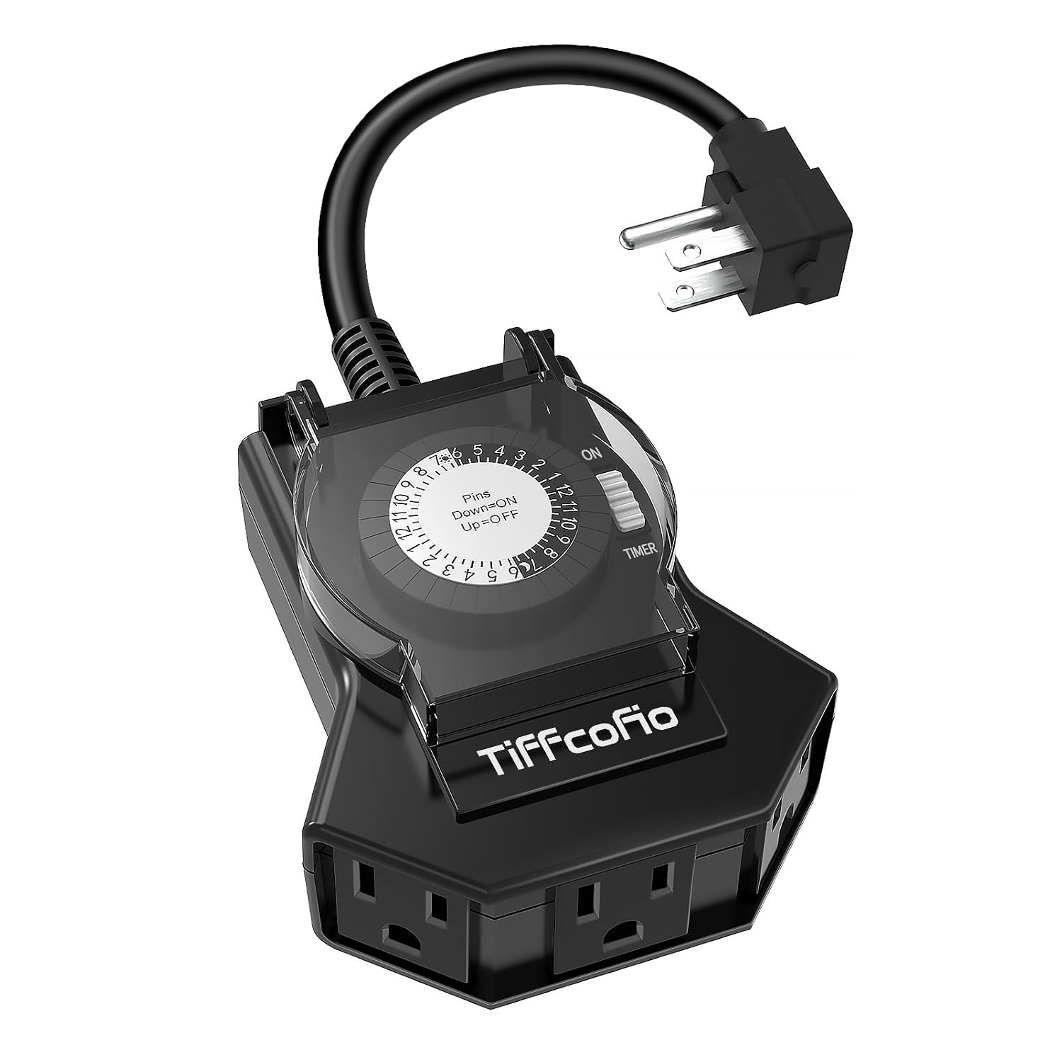 TiFFCOFiO Outdoor Timer Outlet Waterproof, 24 Hour Mechanical Light Timer Outdoor, 3 Grounded Outlets for Home and Garden, 15A 1/2HP, Heavy Duty, ETL Listed (1 Pack)