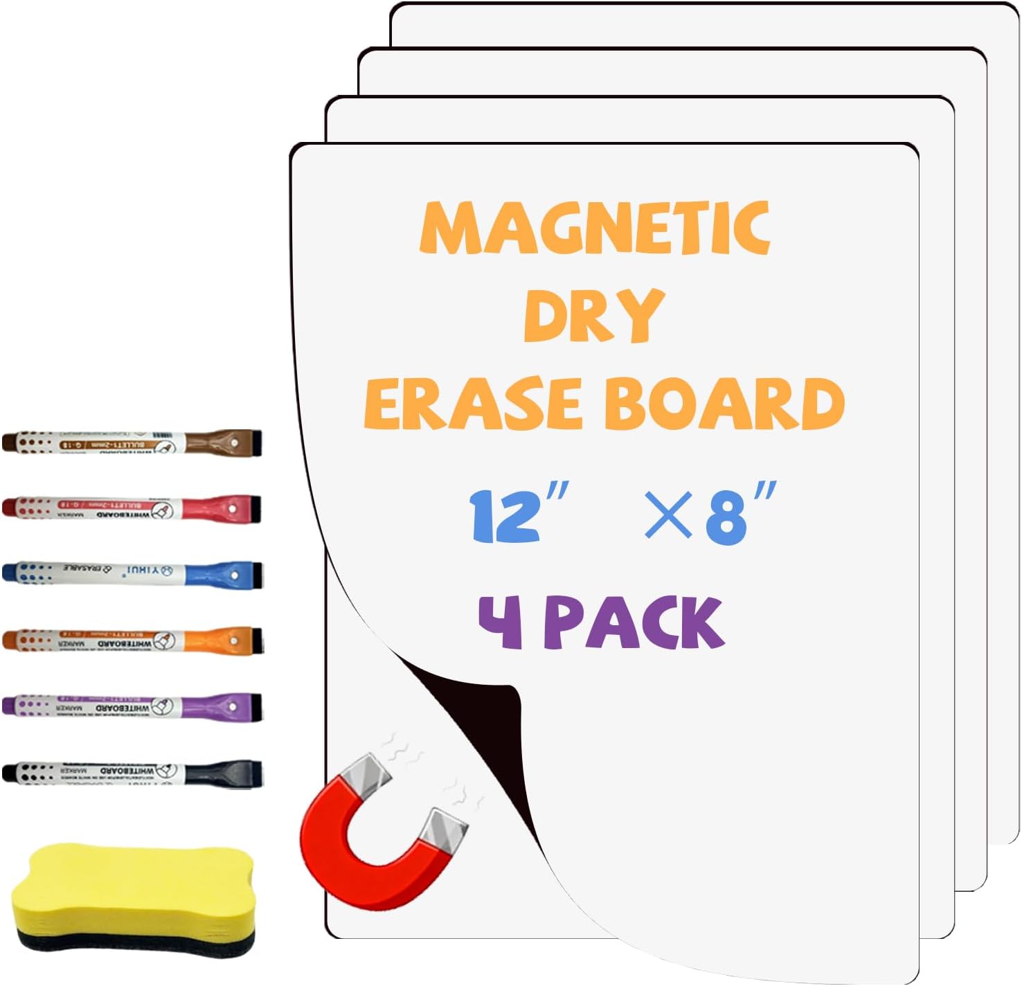 UJL Magnetic Dry Erase Board for Fridge Small White Board 12″X8″ 4Pack | Magnetic White Board with 6 Markers & 1 Eraser Fridge Whiteboard For Home Kitchen Organizer and Planner