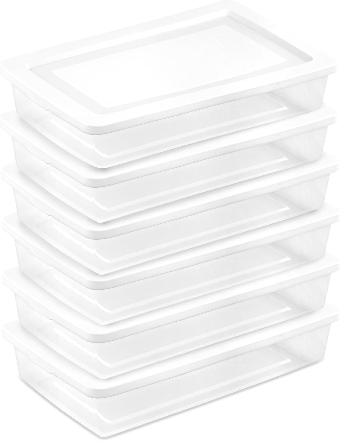 Sterilite 41 Qt Underbed Storage Box, Stackable Bin with Lid, Plastic Container to Organize Bedroom, Clear Base and White Lid, (Pack of 6)