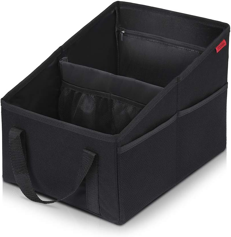 YOOFAN Car Seat Organizer – Passenger Seat Organizer, Collapsible Small Car Seat Storage Organizer for Console Front/Back, Automotive Backseat Organizer with Belt 4 Cup Holders for Kids Accessories