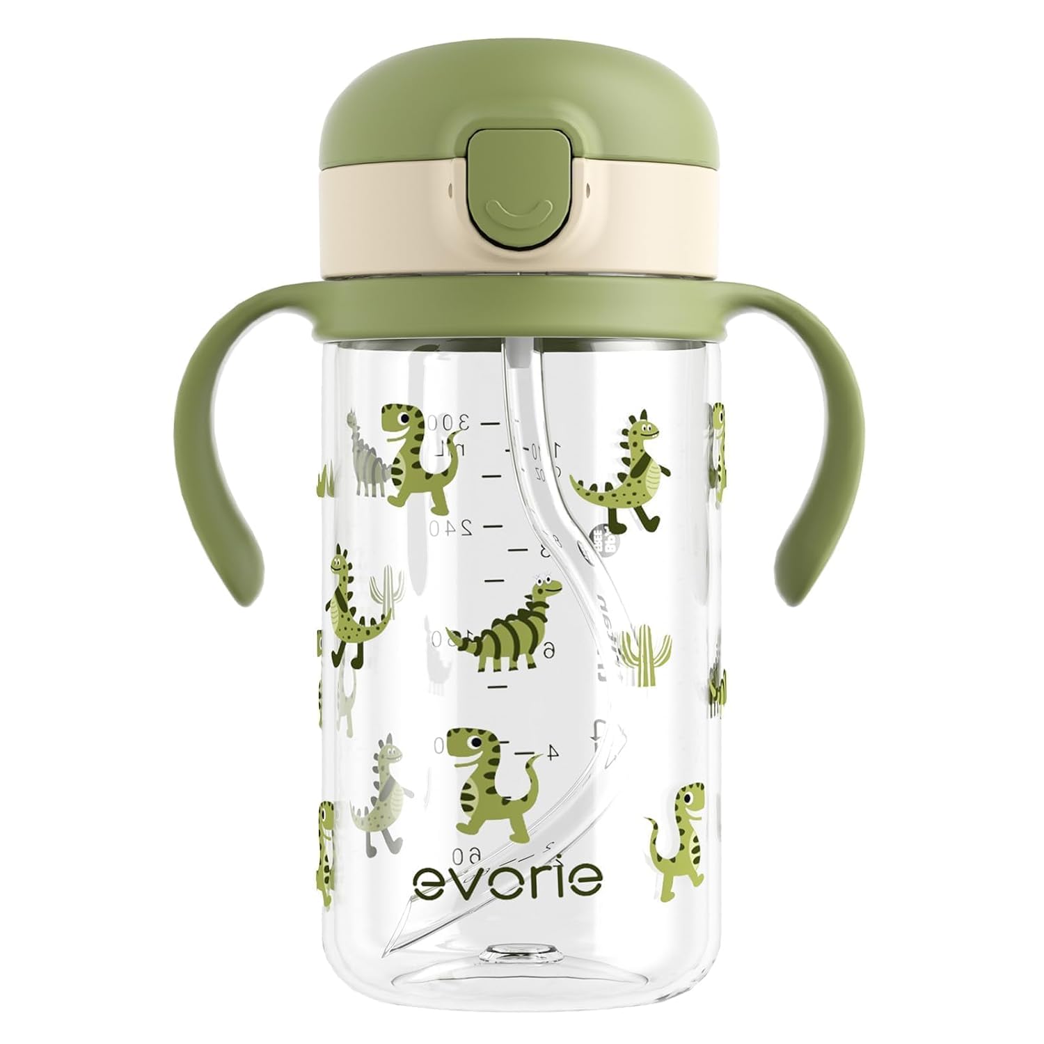 Evorie Tritan Spill Proof Straw Sippy Cups for Toddlers 1–3 Years, 10 Oz | BPA & BPS-Free, Toddler water bottle, Easy grip handles, Dishwasher safe, Durable Tritan, Easy to clean, Green Dino