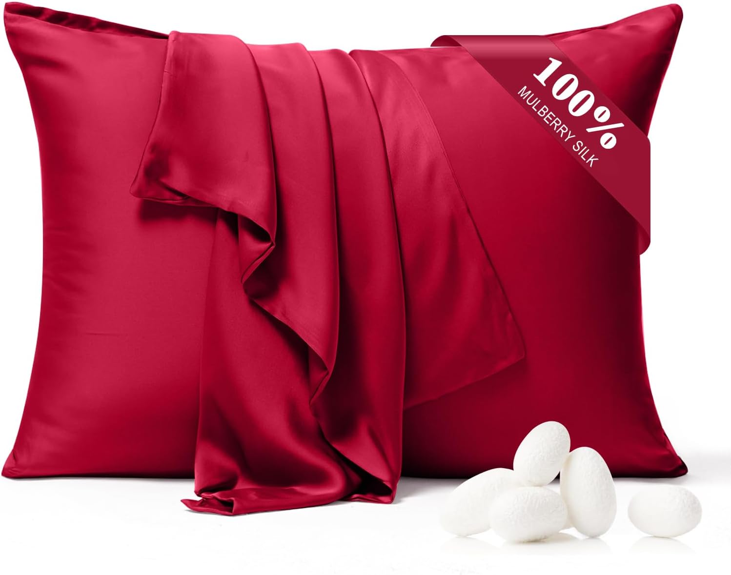 100% Pure Silk Pillowcase 2 Pack for Hair and Skin, Both Sides 23 Momme Grade 6A+ Mulberry Silk Pillowcases with Hidden Zipper, Soft&Smooth Cooling Pillow Cases (Red, Queen 20×30)