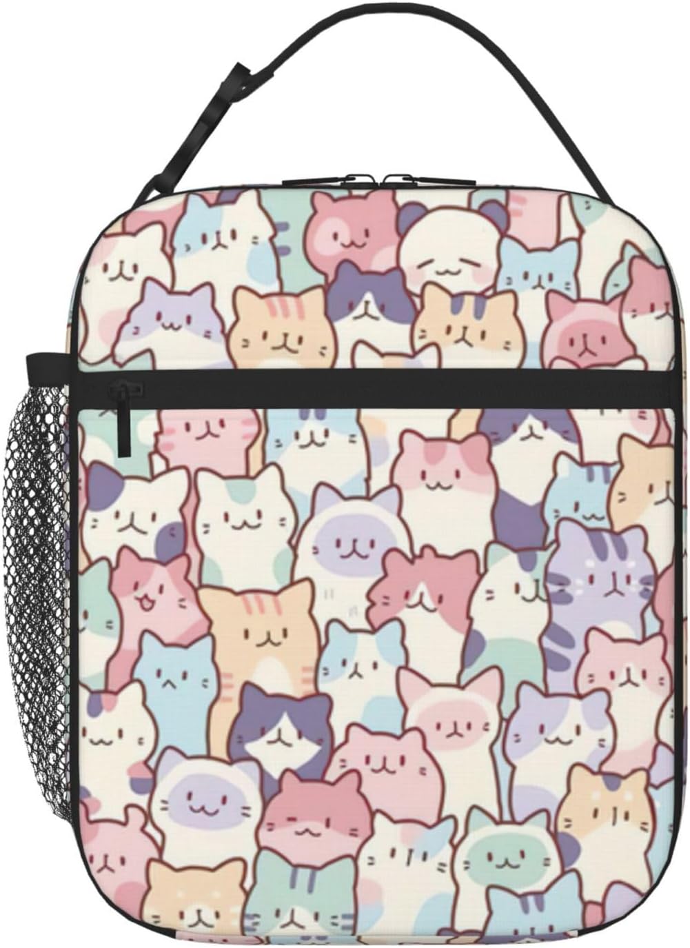 Cute Colorful Cats Insulated Lunch Bag,Kids Lunch Box For Girls Boys Teens | Reusable Lightweight Waterproof Large Capacity with Water Bottle Holder Buckle Handle Double Zippers For School Work Picnic