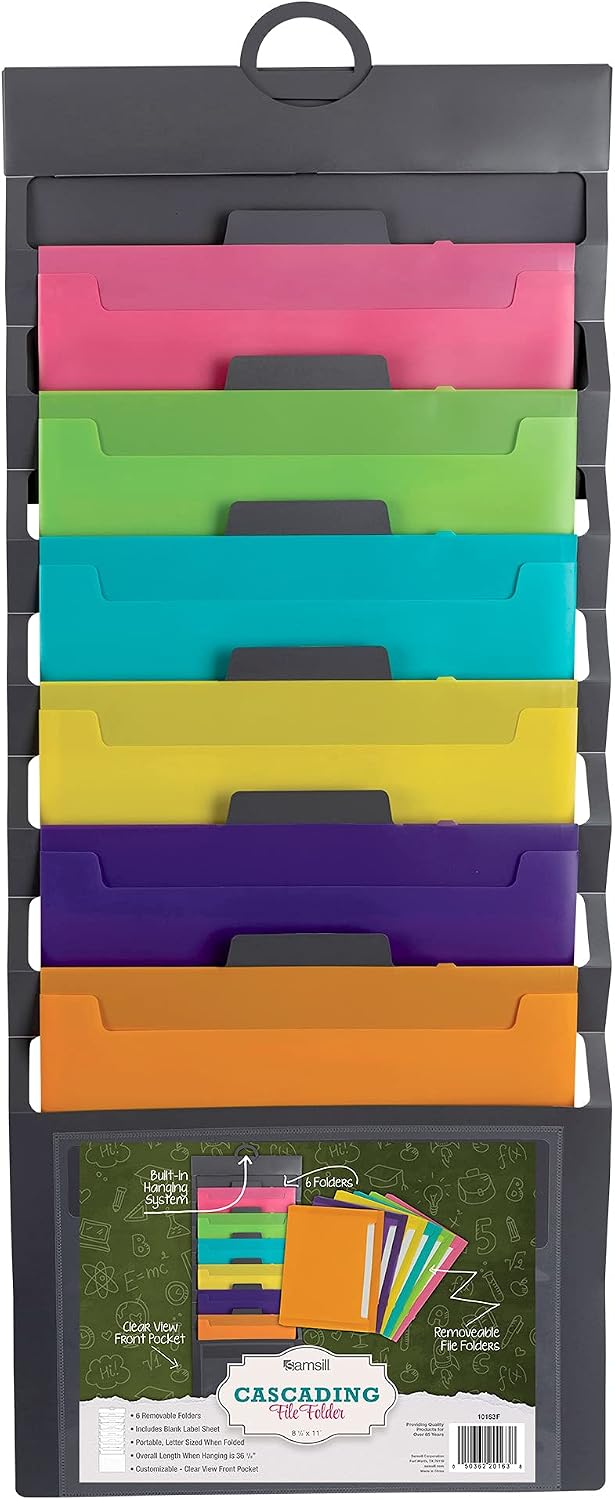 Samsill Cascading Wall File Organizer, Classrom Organization and Storage, 6 Removable Poly Hanging File Folders, Command Center Wall Organizer, Gray with Assorted Fashion Color Folders