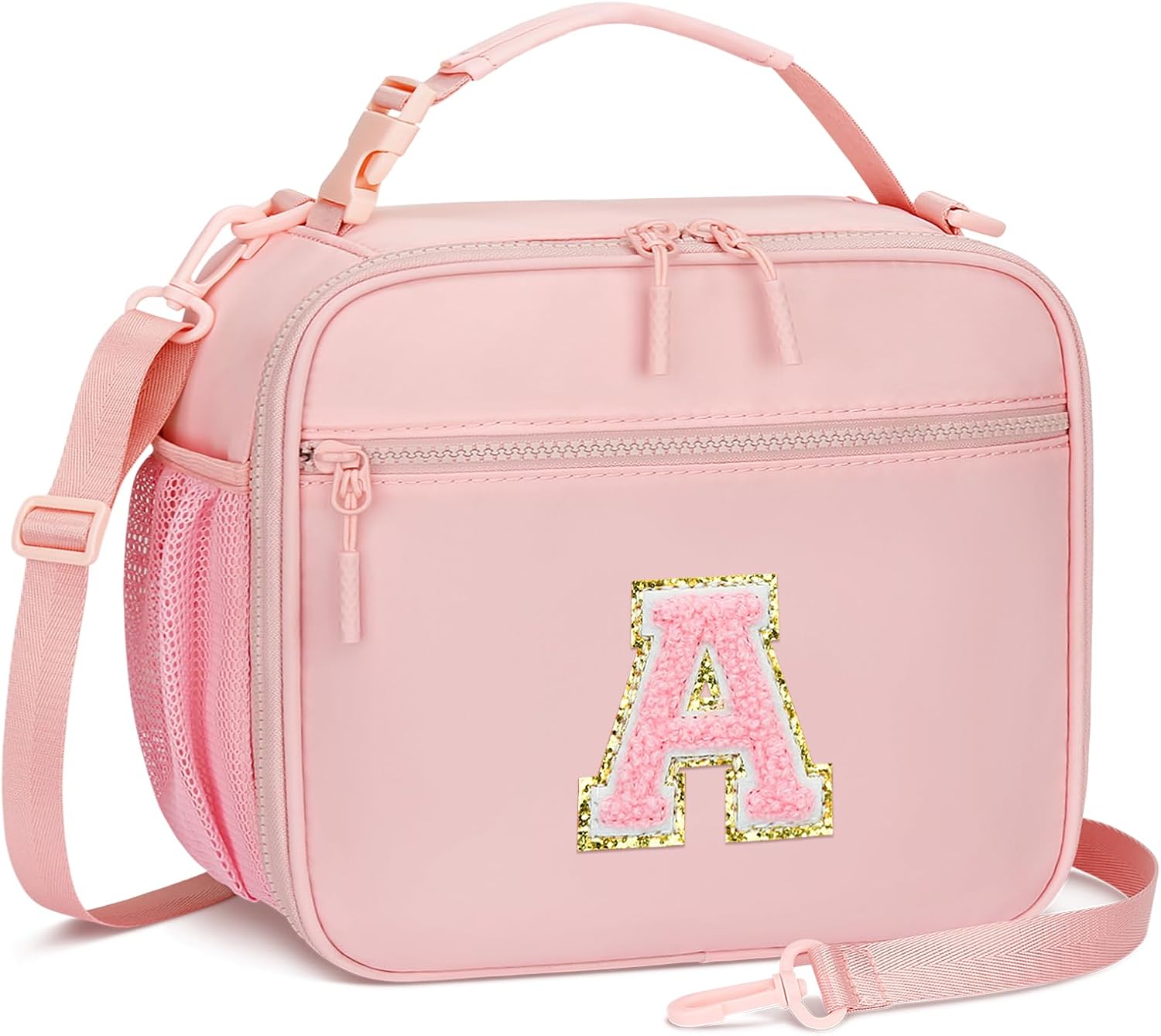 Kids Lunch Box Large Initial Insulated Lunch Bag for Girls | Reusable Toddler Leak-Proof Lunchbox, School Daycare Travel Picnic, Adjustable Strap, Back to School Gift, Pink-A