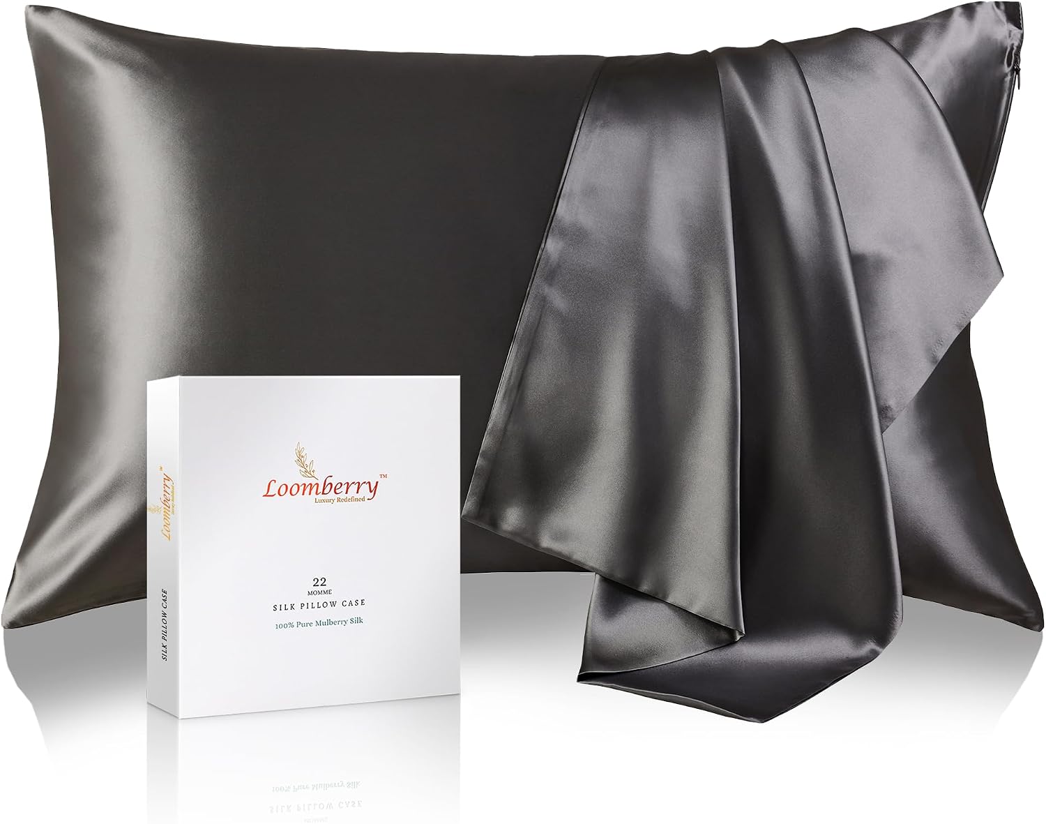 100% Pure Mulberry Silk Pillowcase for Hair and Skin, 6A Grade 22 Momme Silk Pillow Cases with Zipper, Soft Cooling Washable Both Sided Silk Pillow Cover (Charcoal, Queen 20”x30”)