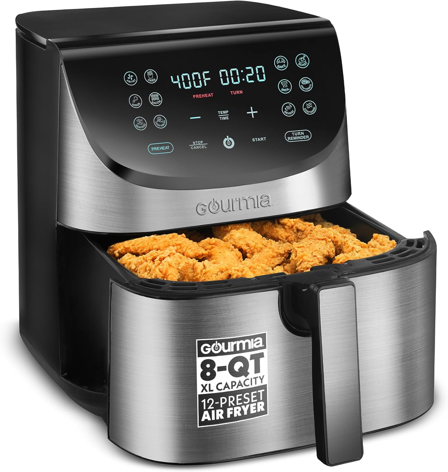 Gourmia Air Fryer – 8 Qt Extra Large Capacity, FryForce360º, Digital Display with 12 Presets, Roast, Bake, Broil, Dehydrate, Dishwasher Safe Accessories, Stainless Steel