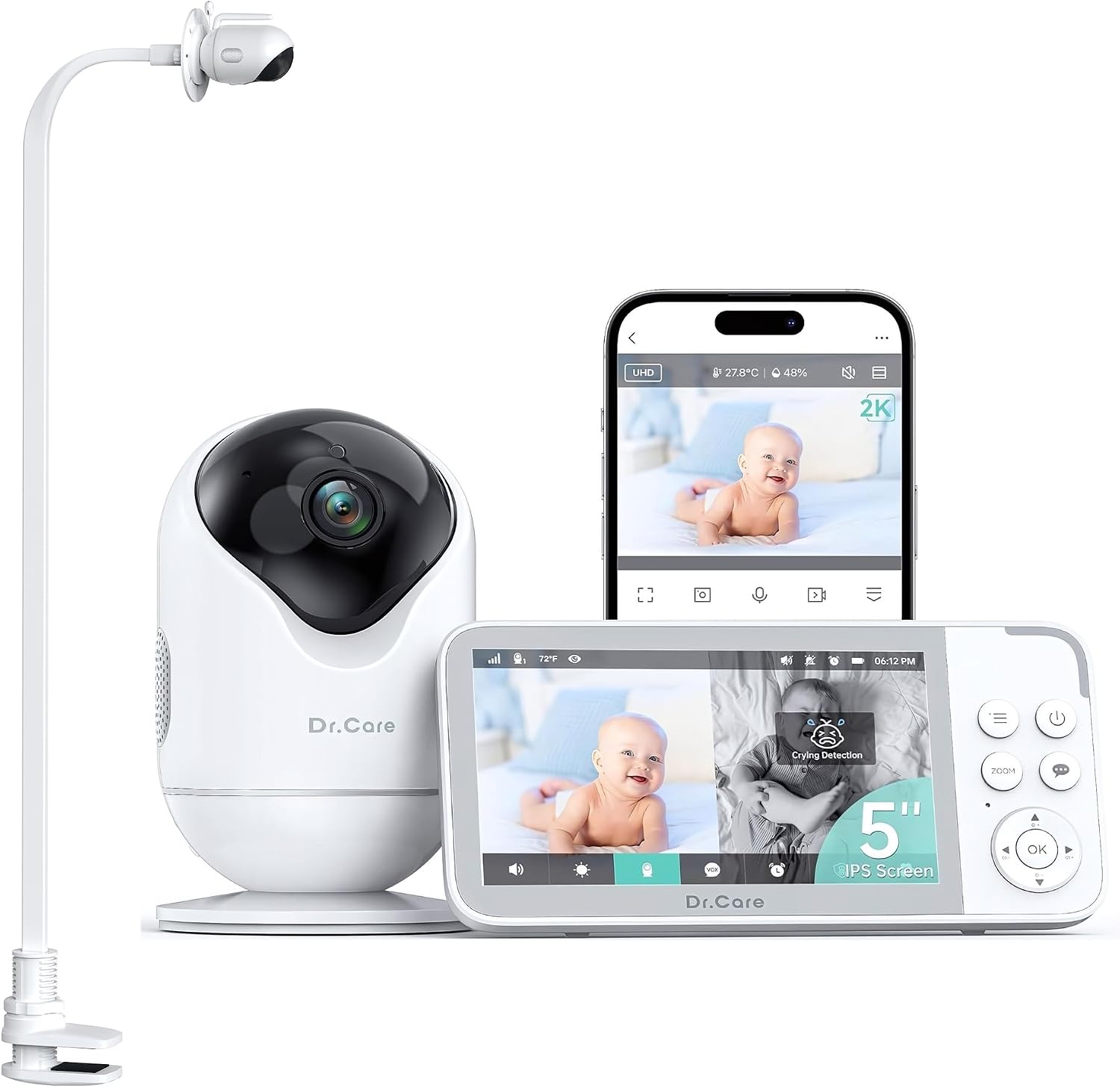 Dr.Care VistaView 5” Smart WiFi Baby Monitor with Clip Mount – 2K HD Camera, App Control, Cry & Motion Alerts, Night Vision, 5000mAh Battery, 2-Way Talk, Multi-User, Triple Security