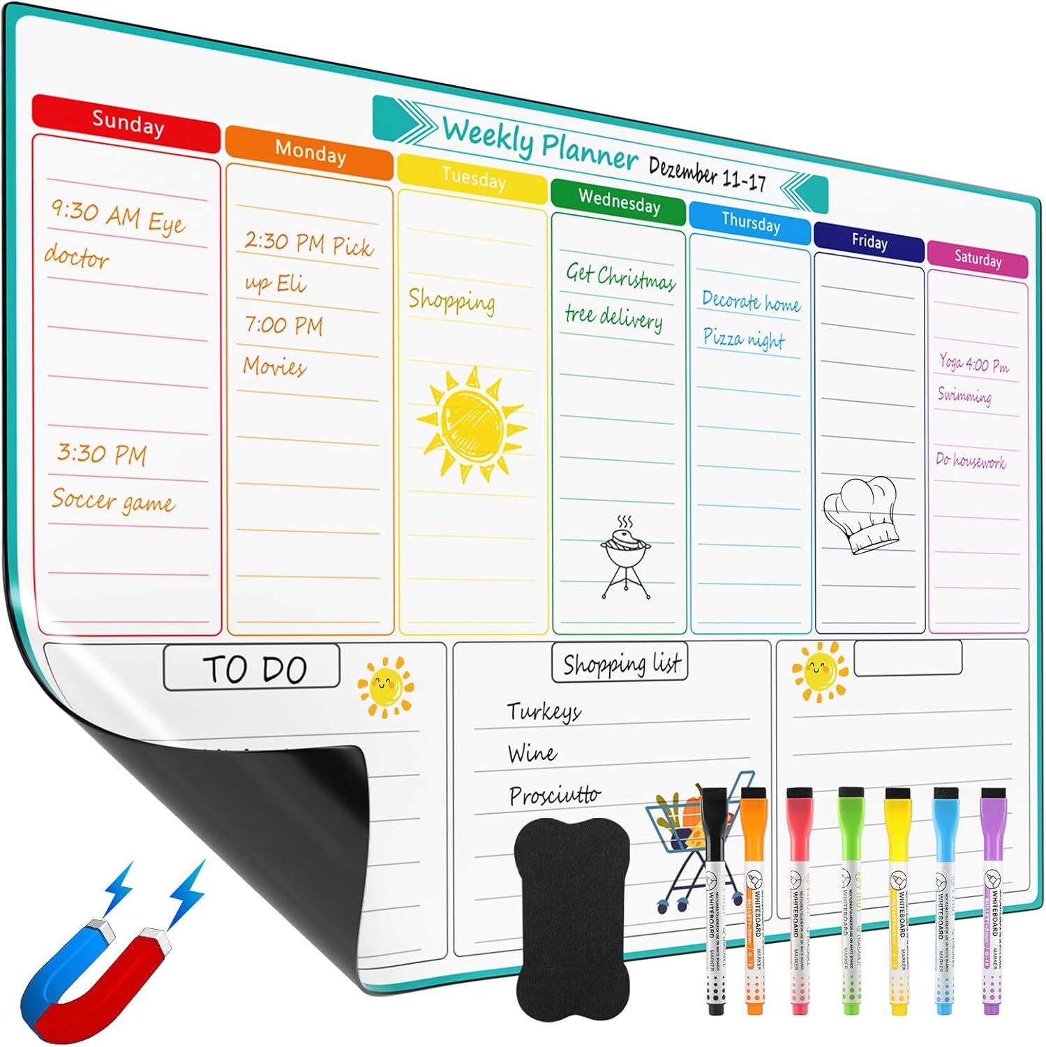 MaxGear Weekly Dry Erase Board for Fridge, 16″x12″ Magnetic Calendar | Strong Magnetic, Smooth Writing and Effortless Erasing, Stain Resistant without any Stains with 7 Markers and 1 Eraser